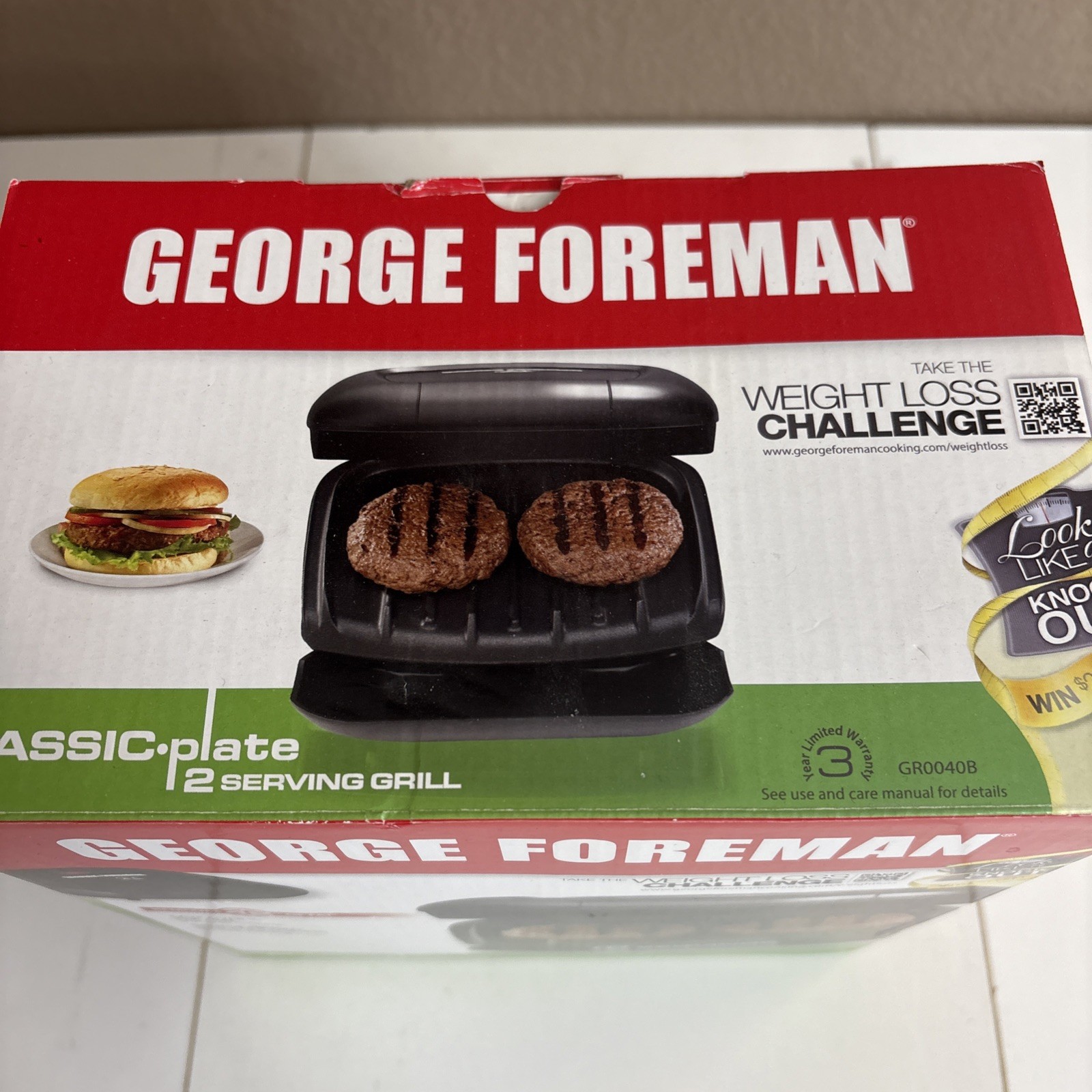 George Foreman GR0040B 2-Serving Classic Plate Grill, Black New