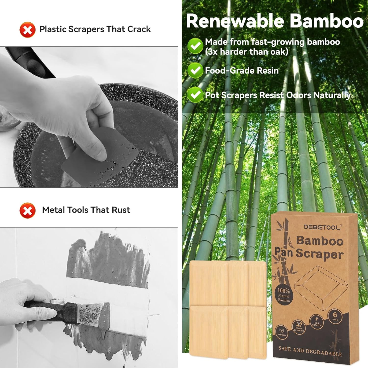6-Pack Natural Bamboo Pan Scraper & Pot Scraper – Non-Scratch Dish Scraper for C