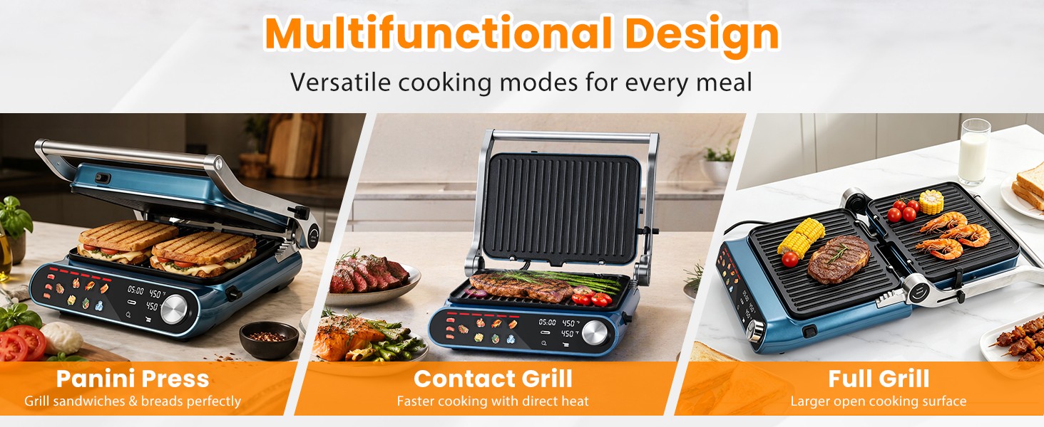 7-in-1 Panini Press Sandwich Maker, 1500W Electric Indoor Grill with LED Touch