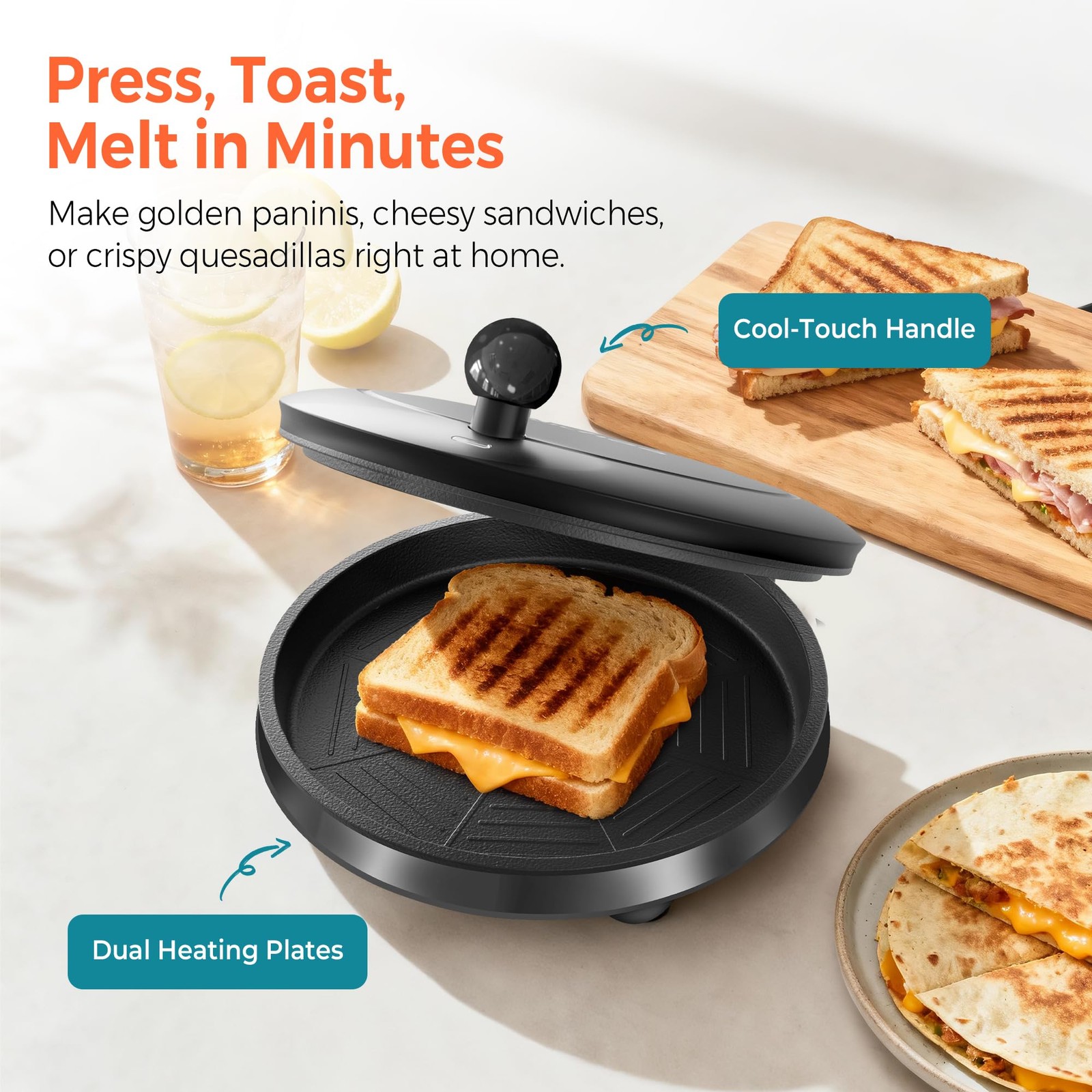 3 in 1 Electric Griddle Sandwich Maker 8 Inch Panini Press 180 Open Black