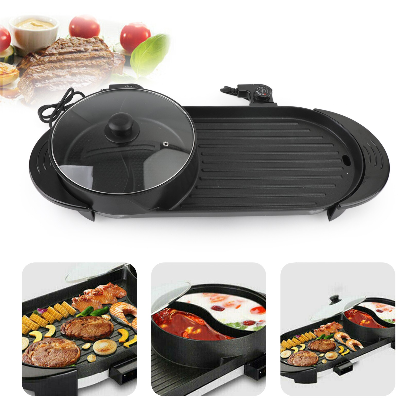 2 in 1 Portable Electric Hot Pot Barbecue Grill Non-Stick Teppanyaki Pan US
