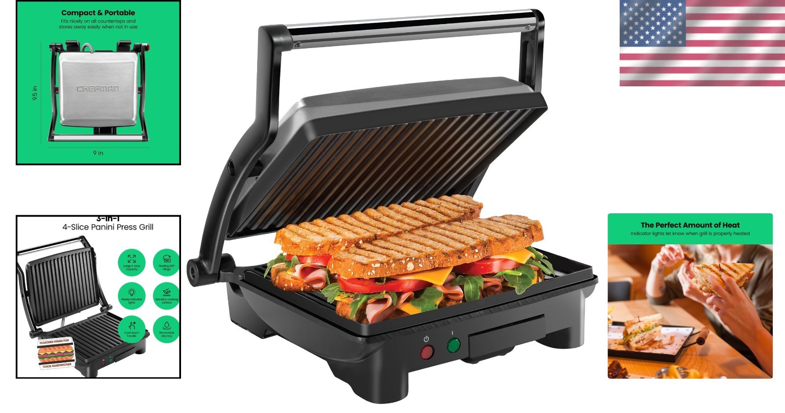 Stainless Steel 4-Slice Panini Press Grill – Opens 180° for Versatile Cooking