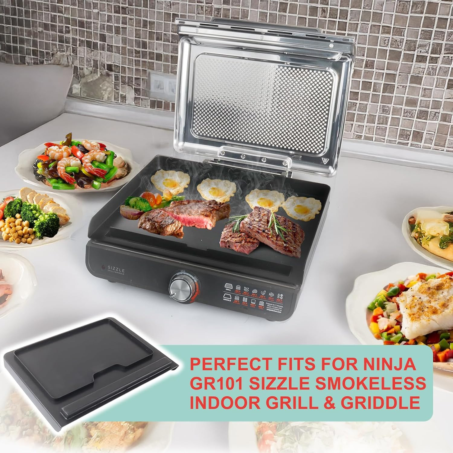 GR101 Sizzle Grill Griddle Indoor for Ninja Smokeless Indoor Grill & Griddle, Fl
