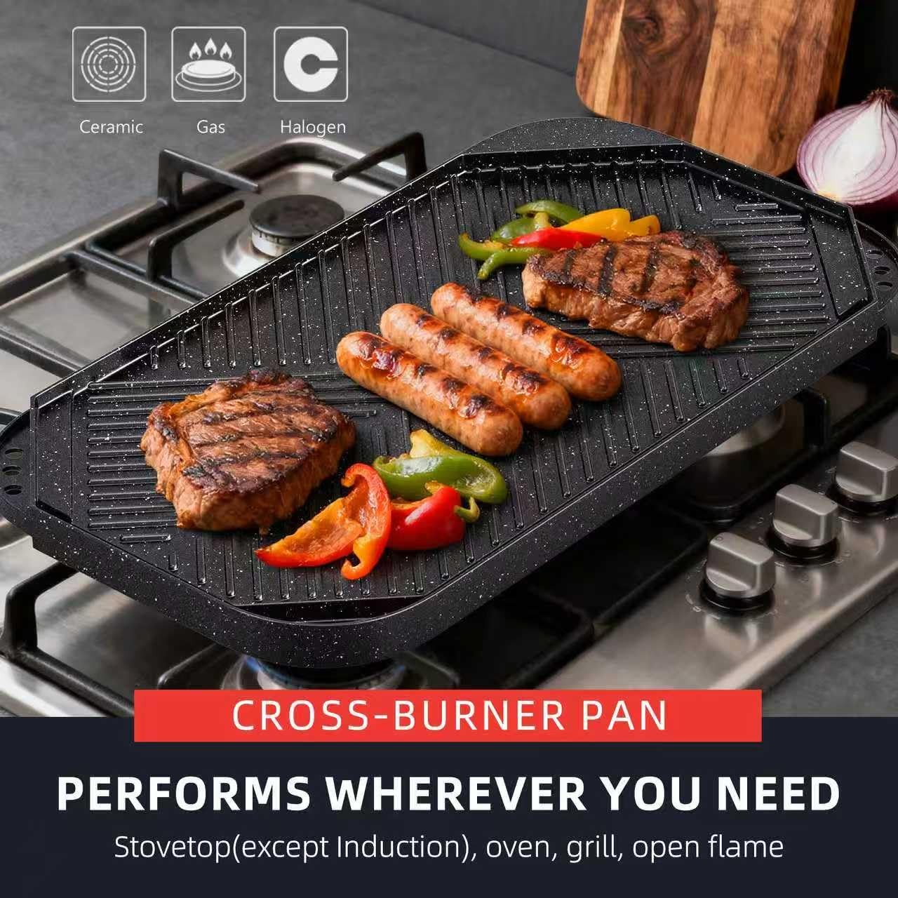 Nonstick Griddle Grill Pan 19.5×11 Inch Reversible Cast Aluminum Stove Top