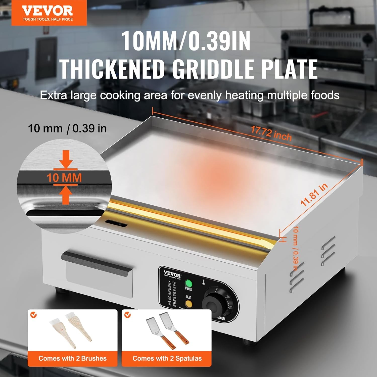1700W Commercial Electric Griddle 18in Stainless Steel Flat Top Adjustable Temp