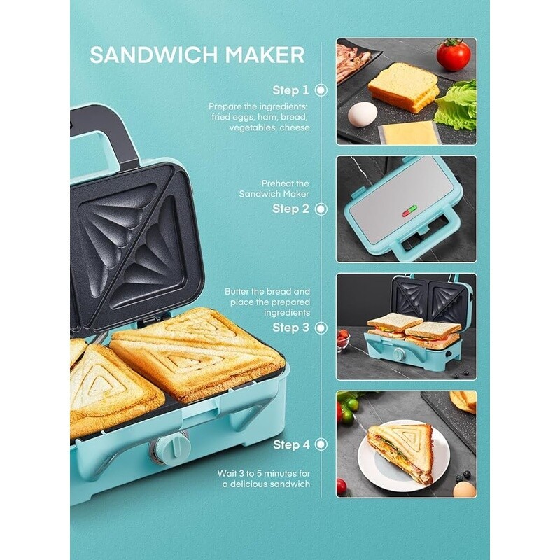 3 in 1 Waffle Maker Sandwich Maker Panini Press 1200W Non Stick Easy Clean Blue
