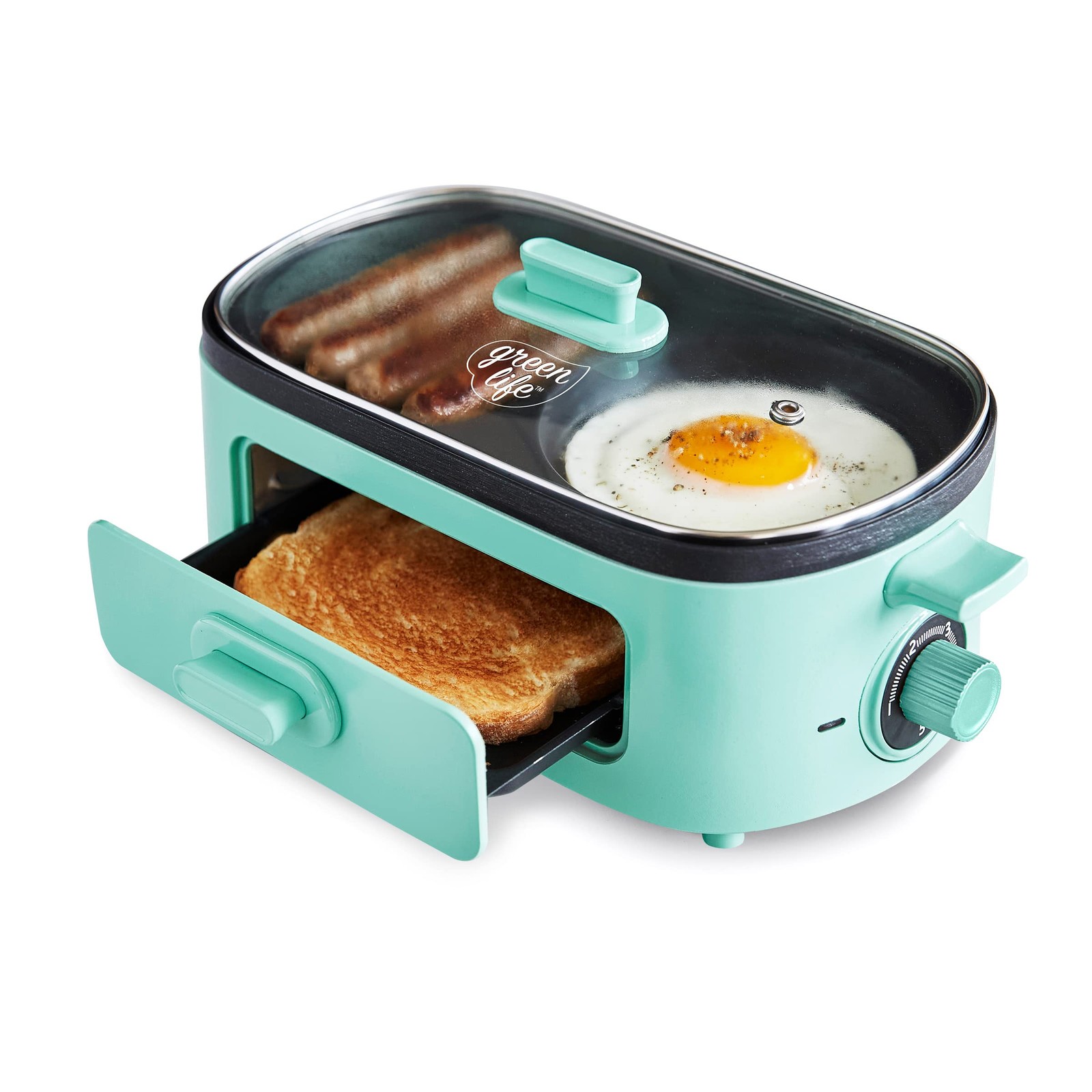 3 in 1 Breakfast Maker with Nonstick Griddle and Toast Drawer Turquoise