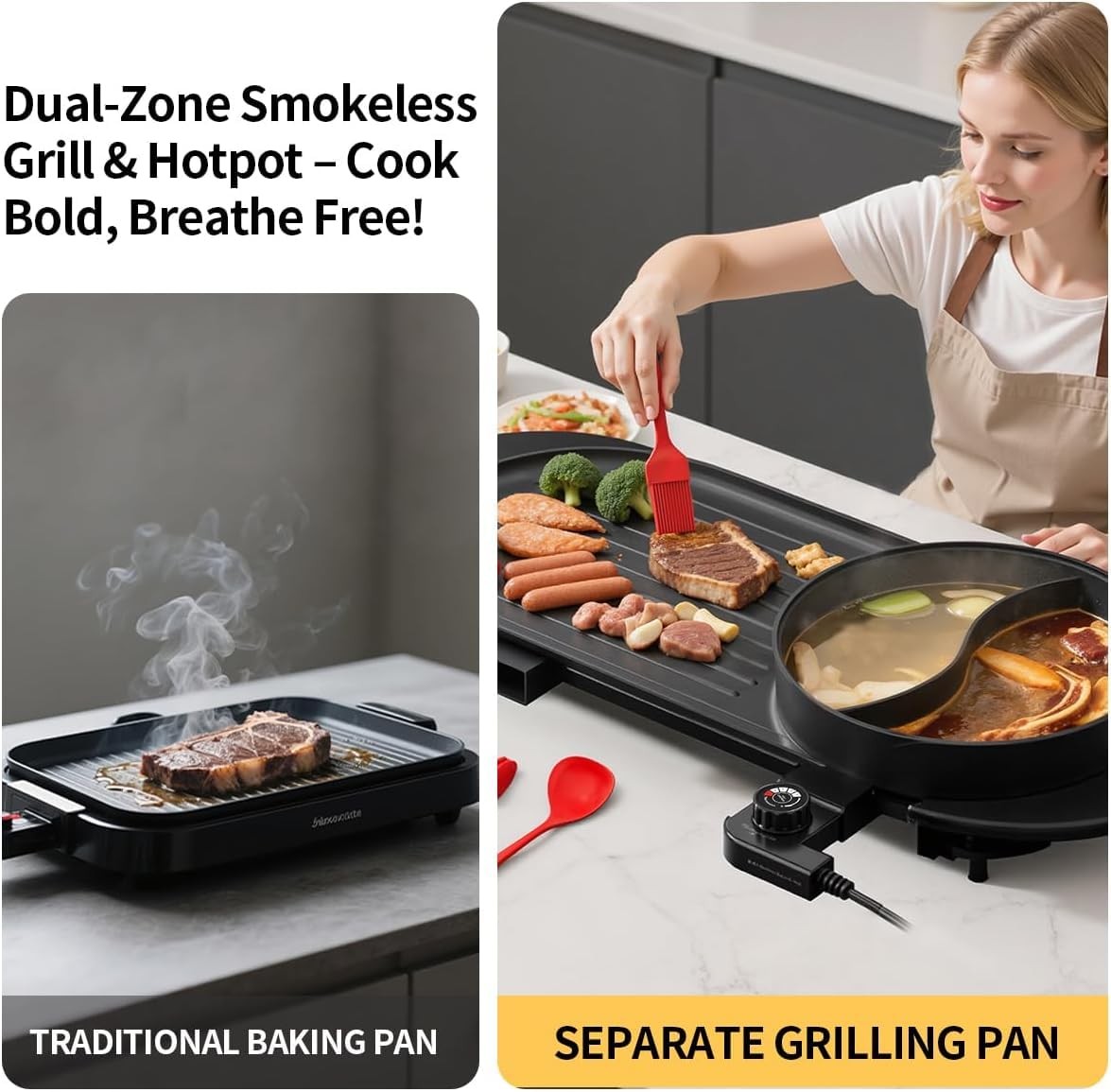 AORAN 2200W Electric Grill & Hot Pot Combo with Dual Zone Control – 26.6″ Lar…