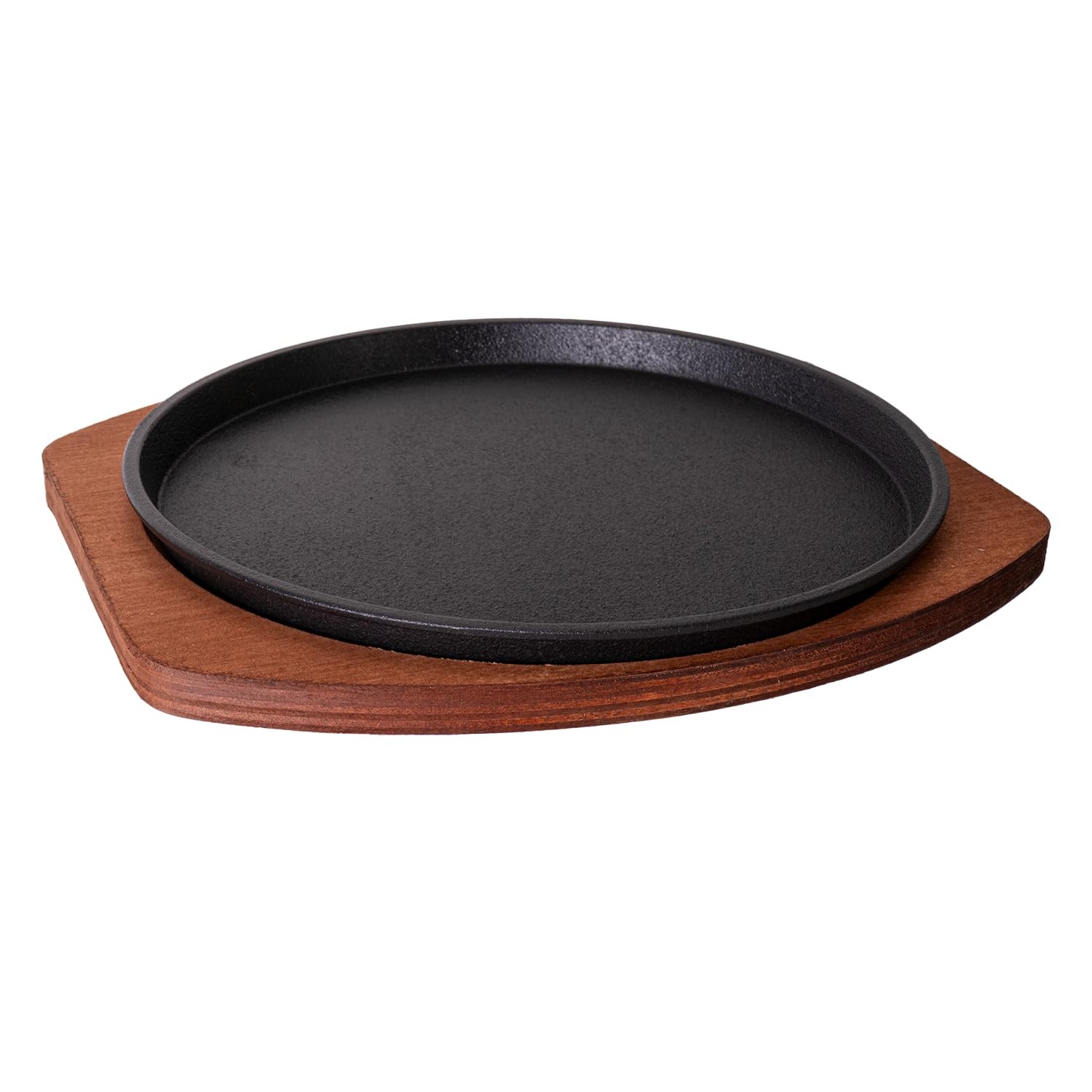 Cast Iron Steak Plate Sizzle Griddle Wooden Base Fajita Grill Round 8 Inch