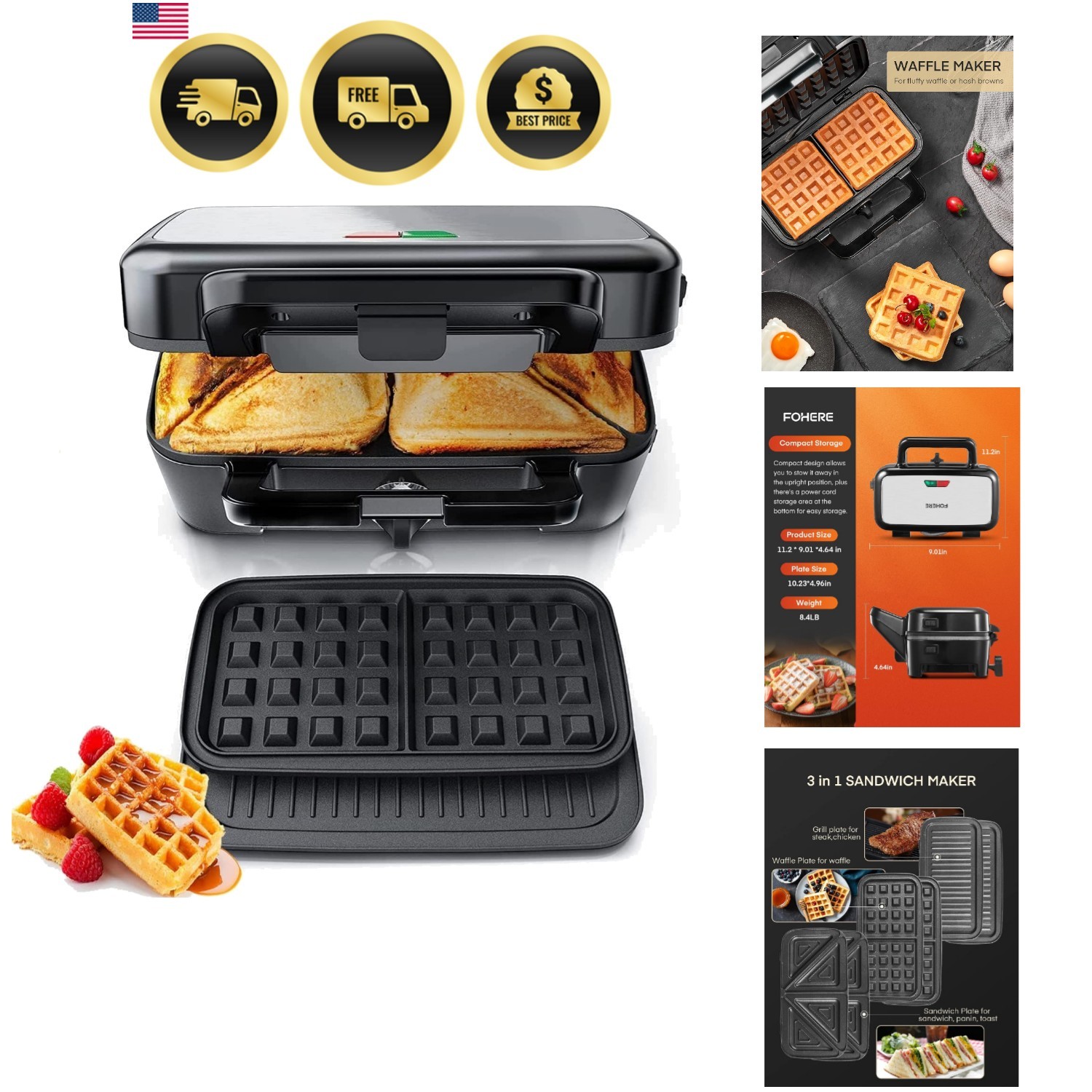 3-in-1 Sandwich Maker, 1200W Waffle Maker & Panini Press Grill, 3 Removable N…