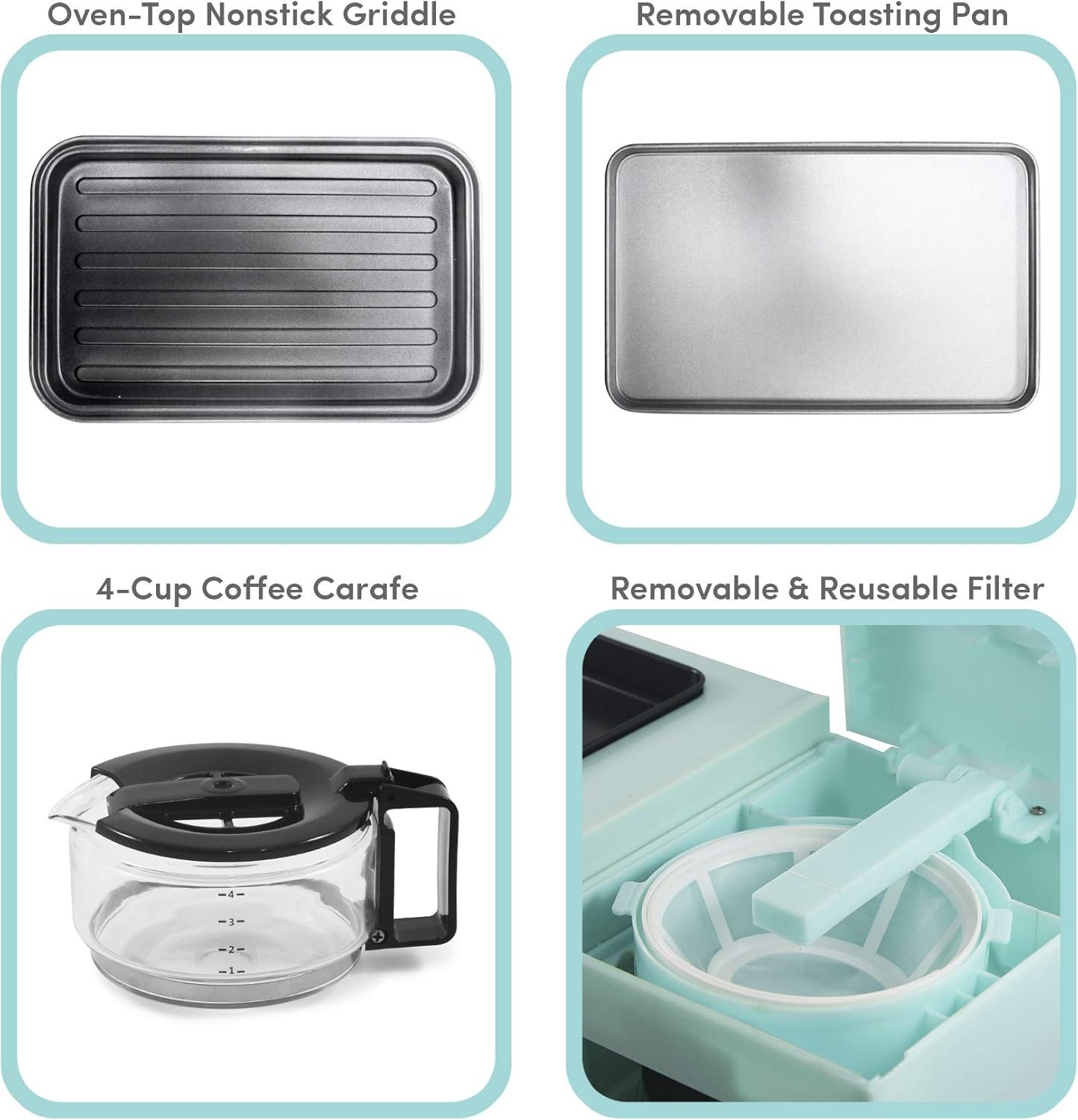 2 Slice 9.5″ Griddle Glass Lid 3-in-1 Breakfast Center Station 4-Cup Coffeemaker