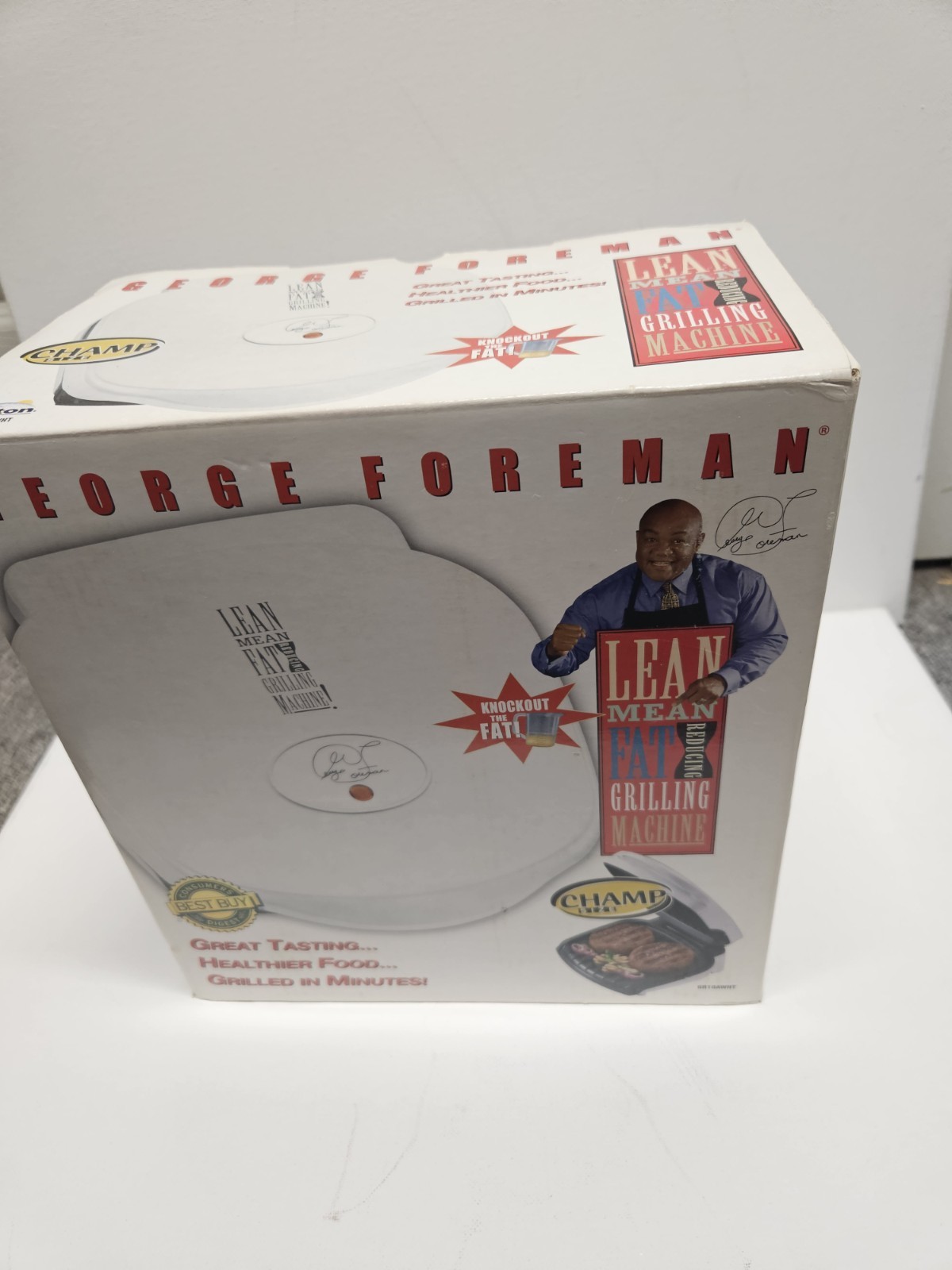 George Foreman Champ Size Grill Lean Mean Fat Grilling Machine GR10A White, NEW