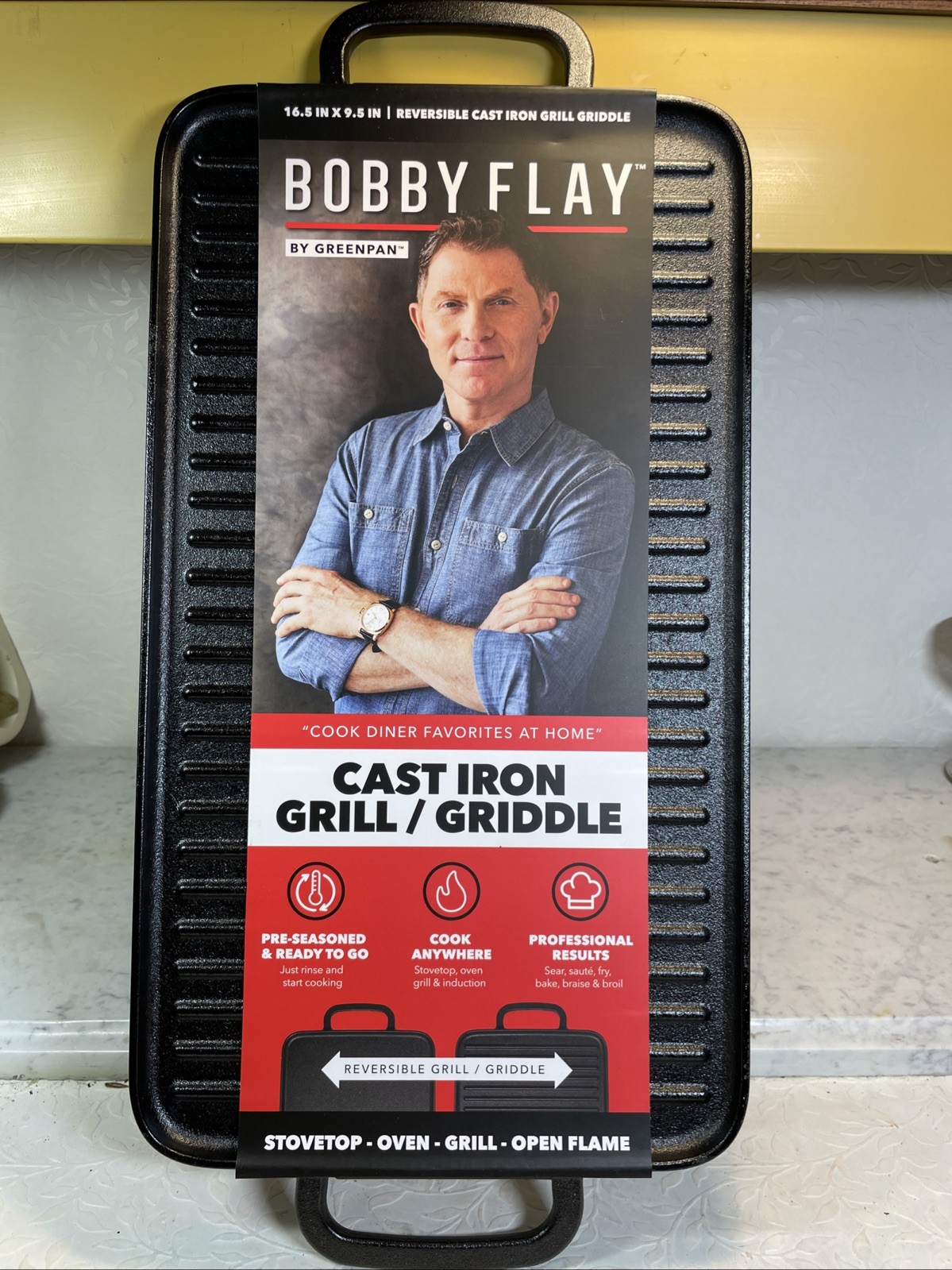 Bobby Flay Cast Iron Griddle Double Burner Reversible with Dual Handles