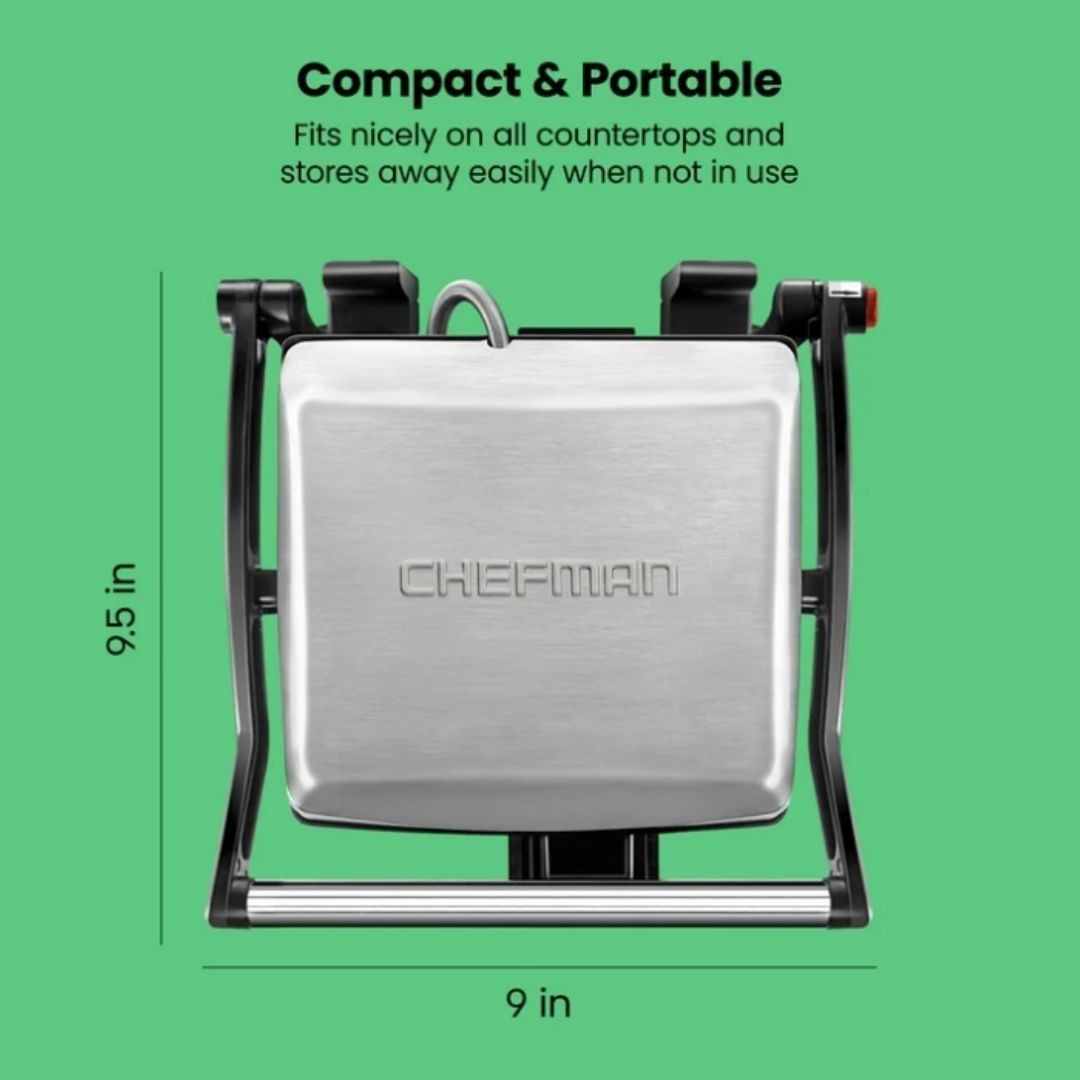 Chefman 3-in-1 Panini Press & Grill, 4-Slice Non-Stick, Opens Flat – Stainless
