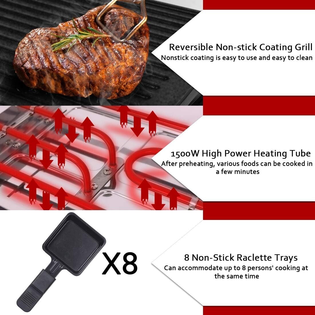 Indoor Electric Grill with Non-Stick Reversible Plate & 8 Heat-Resistant Trays