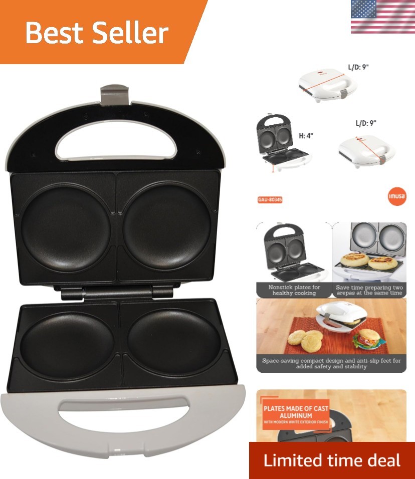 Compact 2 Slot Arepa Maker – Non-Stick Surface and Cool Touch Locking Feature