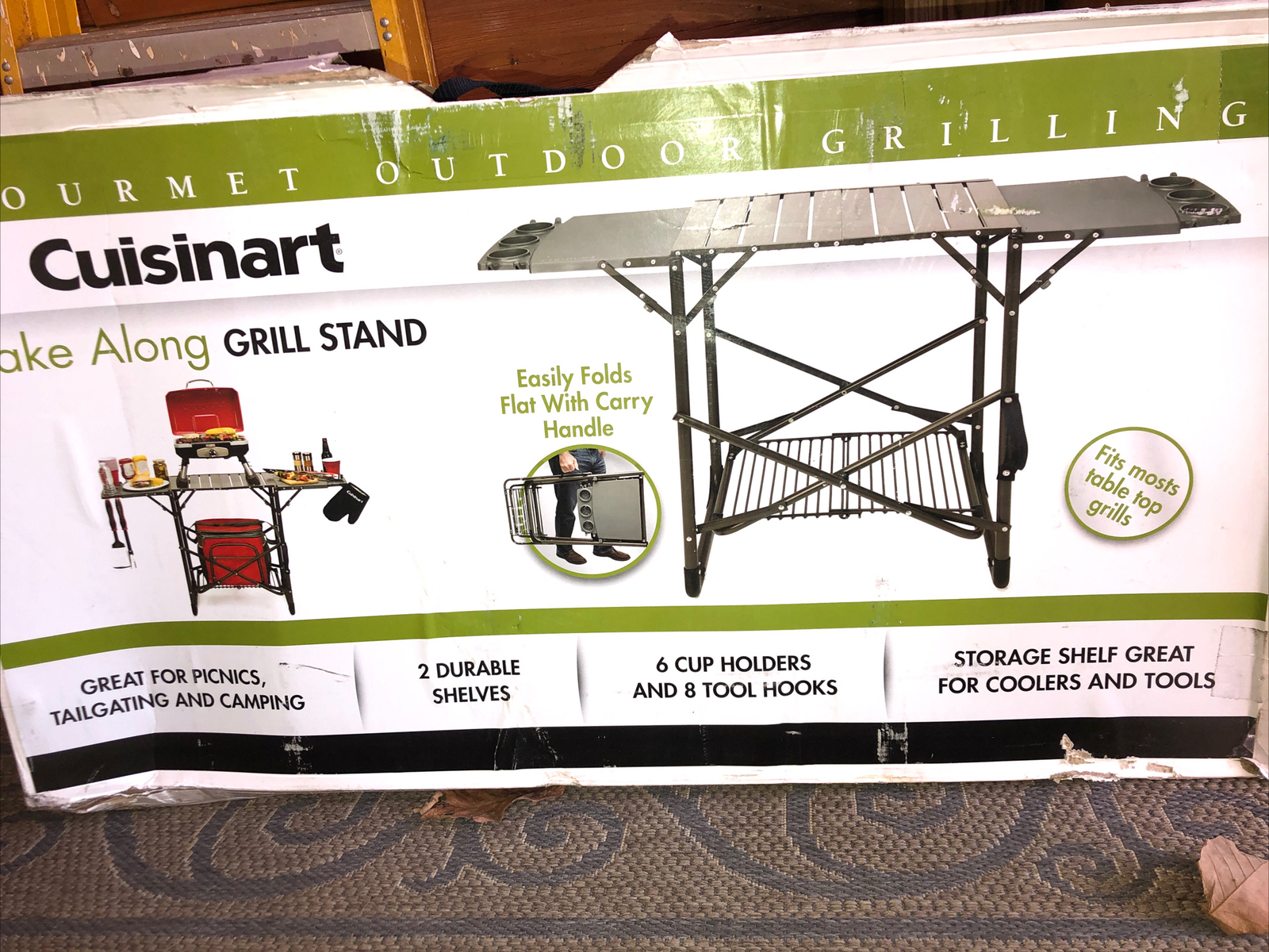 Cuisinart-Take Along Grill Stand Unfolds In Seconds Flip Up Side Tables New