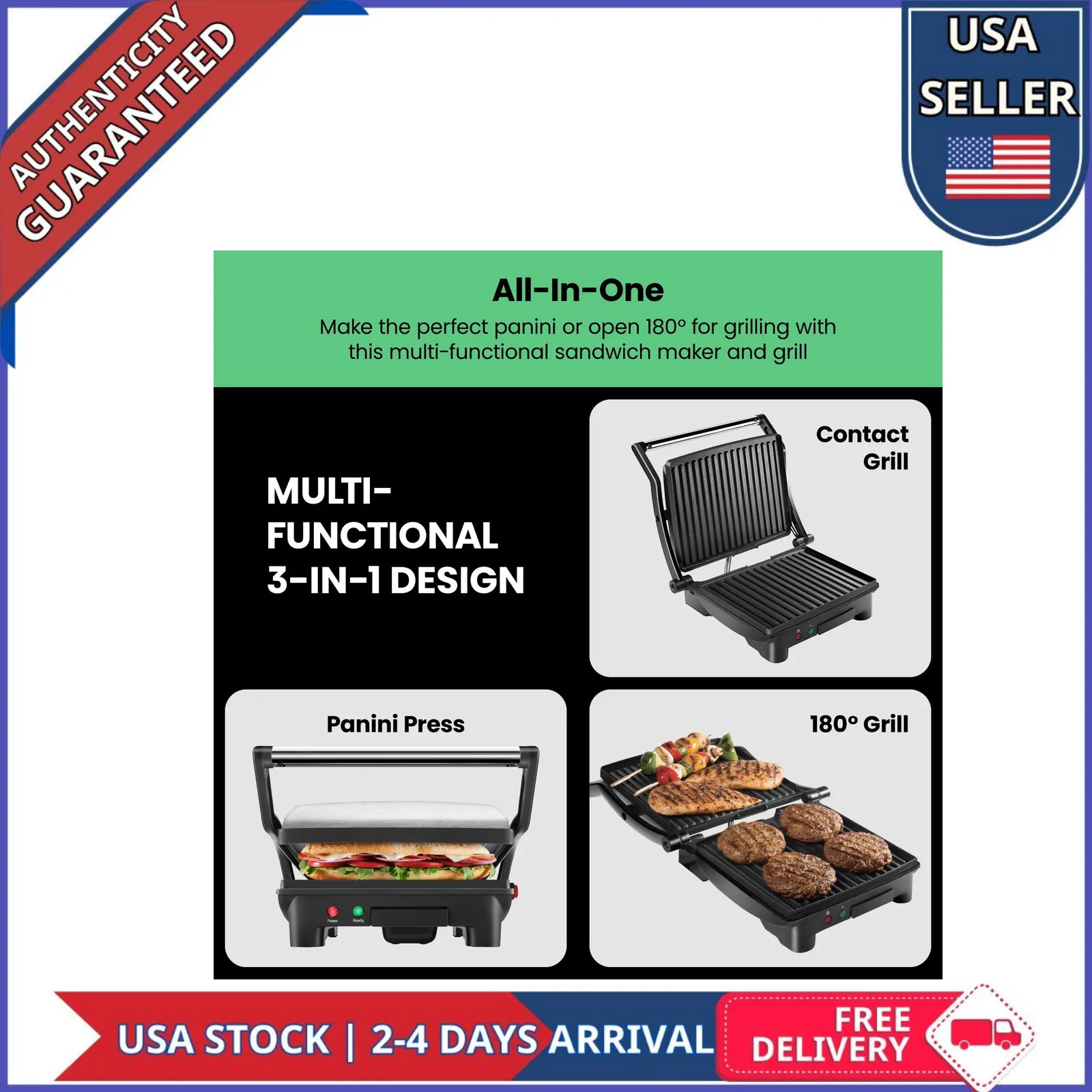 Chefman 3-in-1 Panini Press and Indoor Grill 4-Slice Non-Stick Stainless Steel