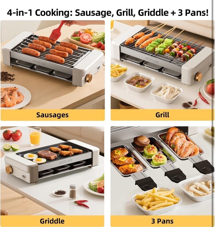 AORAN Electric Indoor Grill Smokeless, 800W, 13.4×8.3 Inch for BBQ, Meat Hot Dog