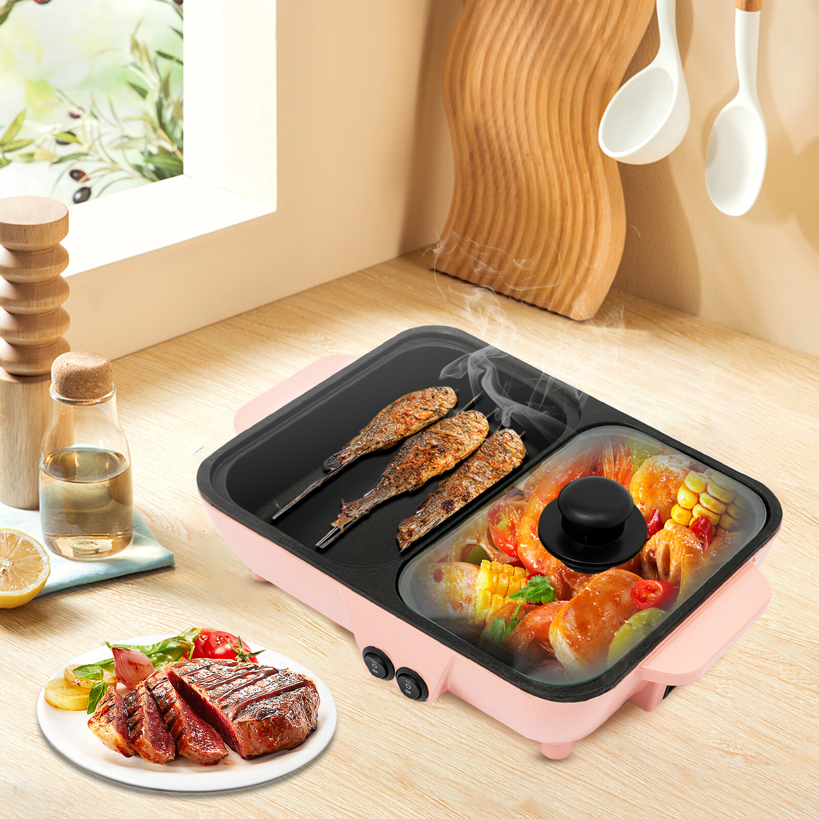 2in1 Electric Hot Pot 1200W Non-Stick Korean BBQ Plate Pan Shabu Grill Barbecue