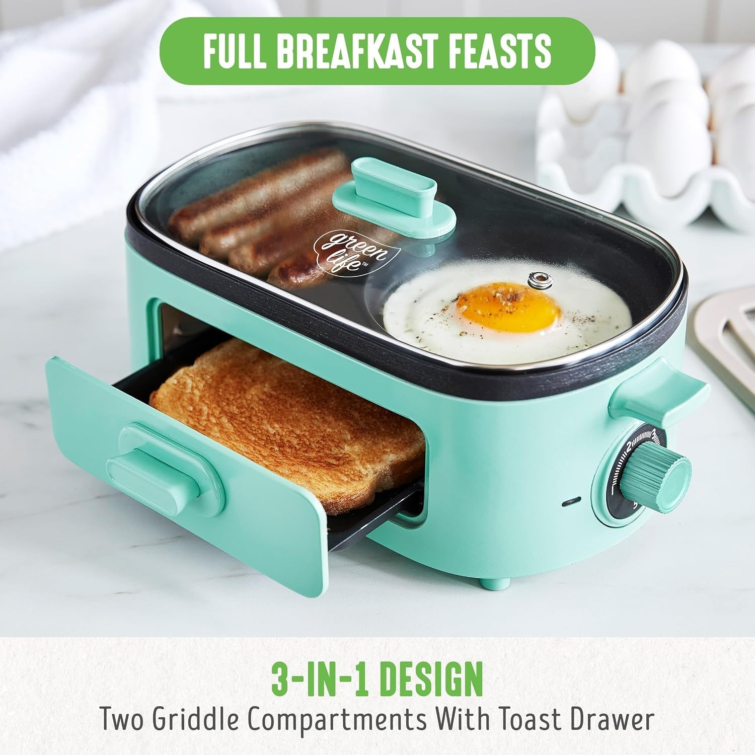 Turquoise 3-in-1 Breakfast Maker: Healthy Ceramic Nonstick, Dual Griddles, To…