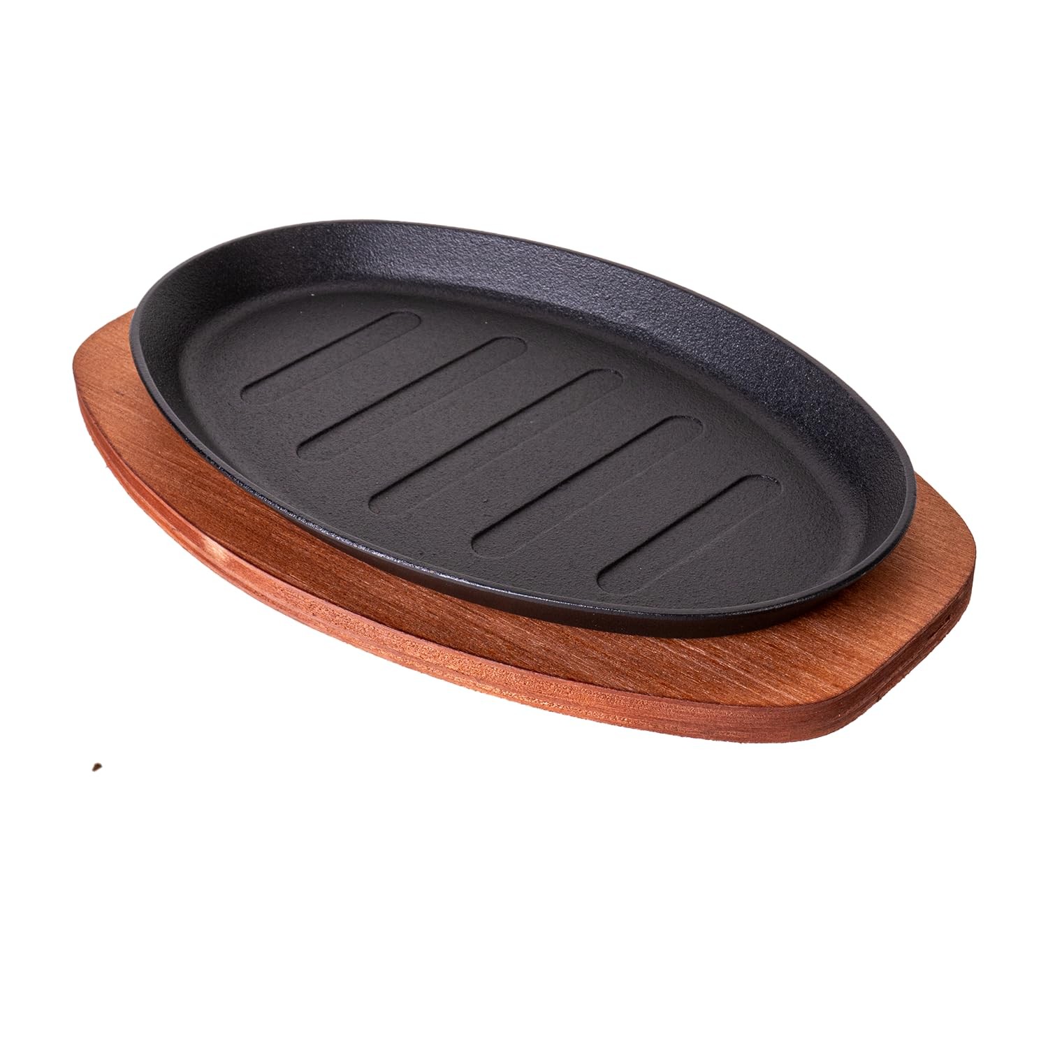 Cast Iron Steak Plate Sizzle Griddle Wooden Base Fajita Pan Oval 10 Inch