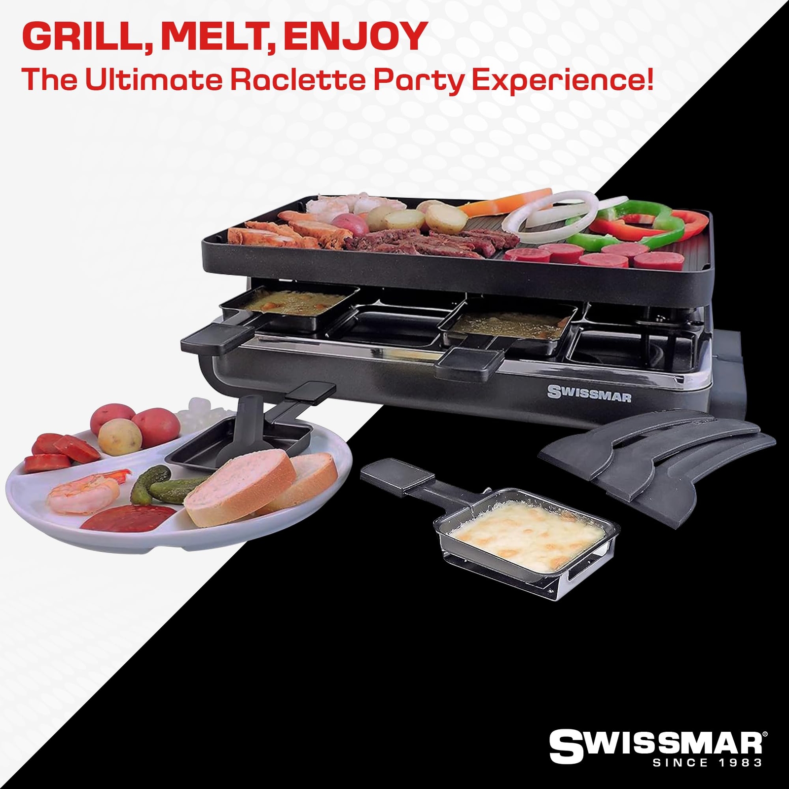 Swissmar Classic Raclette Grill Reversible Non Stick Plate 8 Dishes and Spatulas