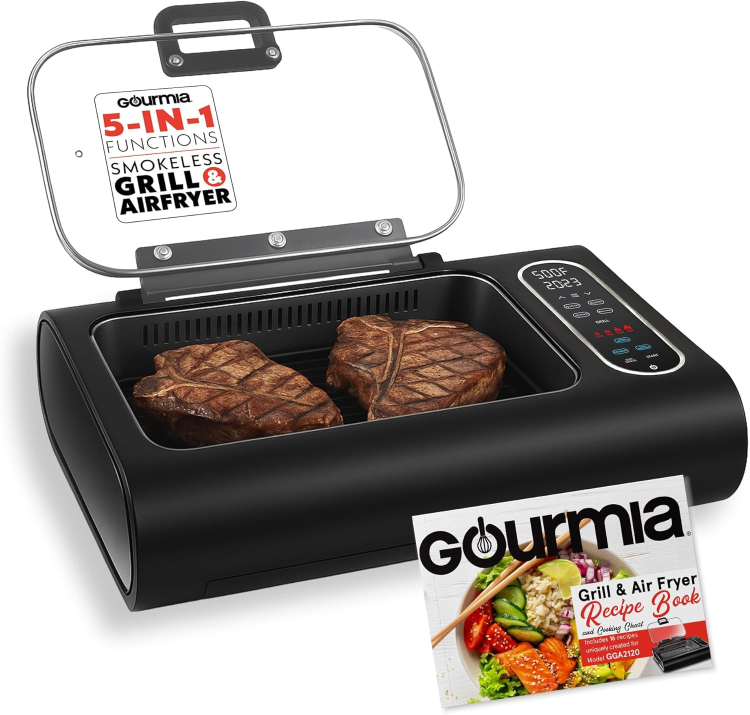 Gourmia Smokeless Indoor Grill & Air Fryer with Recipe Book – Electric Grill for