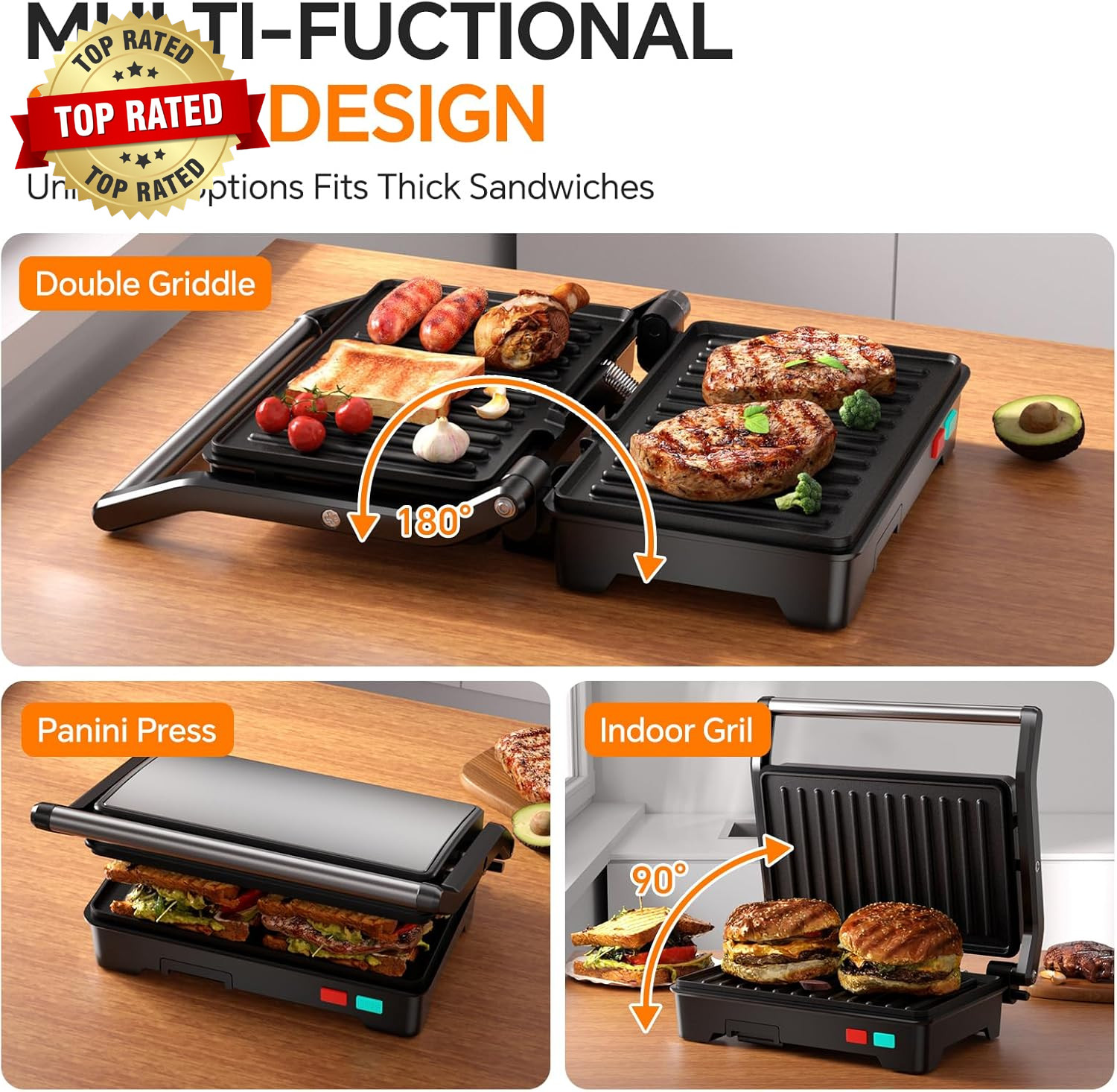 Panini Press Grill, 1000W Sandwich Maker with Non-Stick Coated Plates, Opens 180