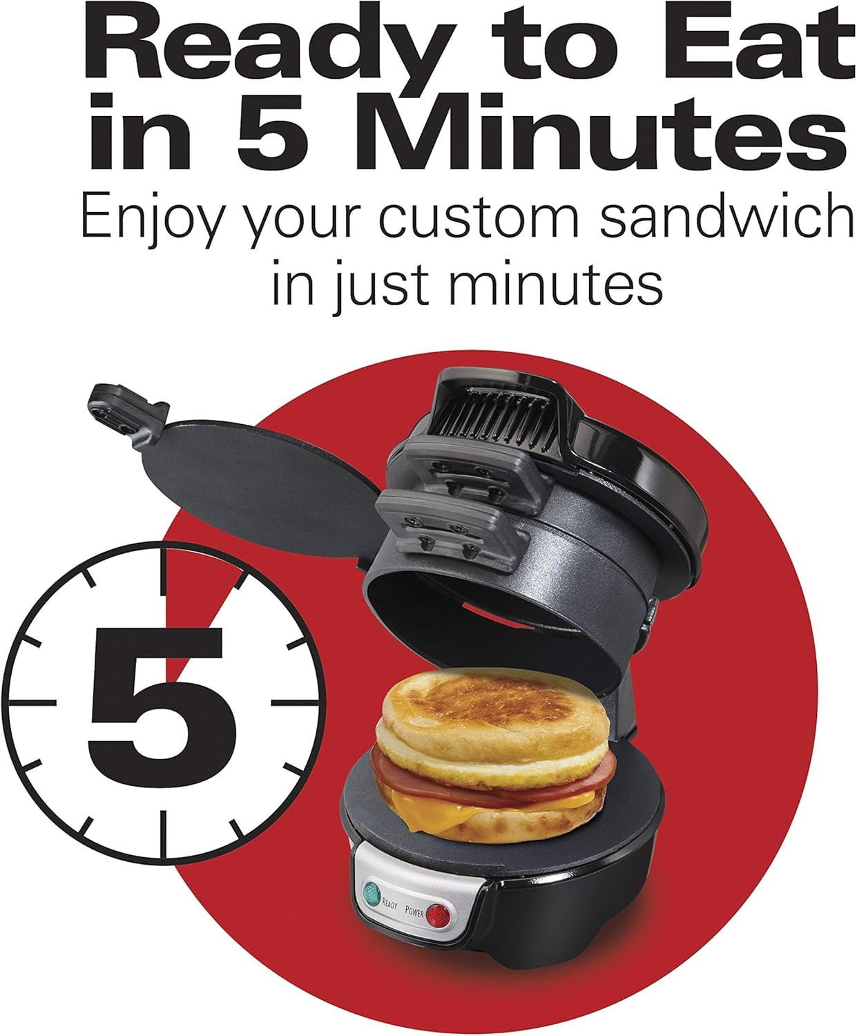 Breakfast Sandwich Maker with Egg Cooker Ring, Customize Ingredients, Perfect fo