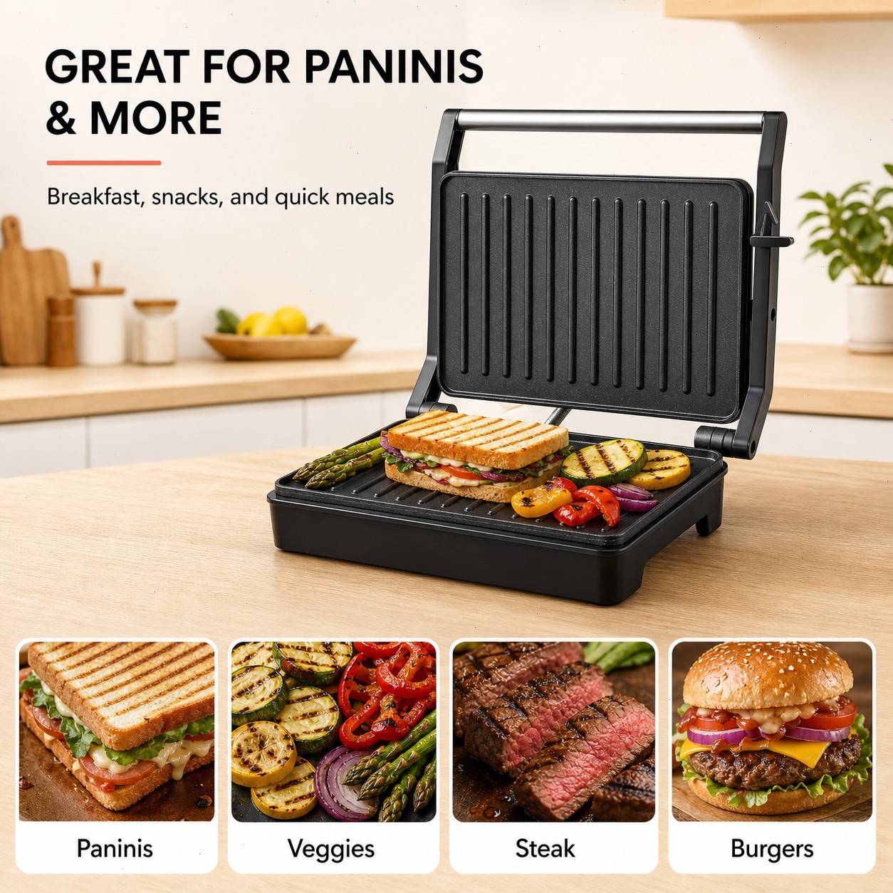 1000W Sandwich Maker, Non-Stick Panini Press, Folding Grill, Auto Control
