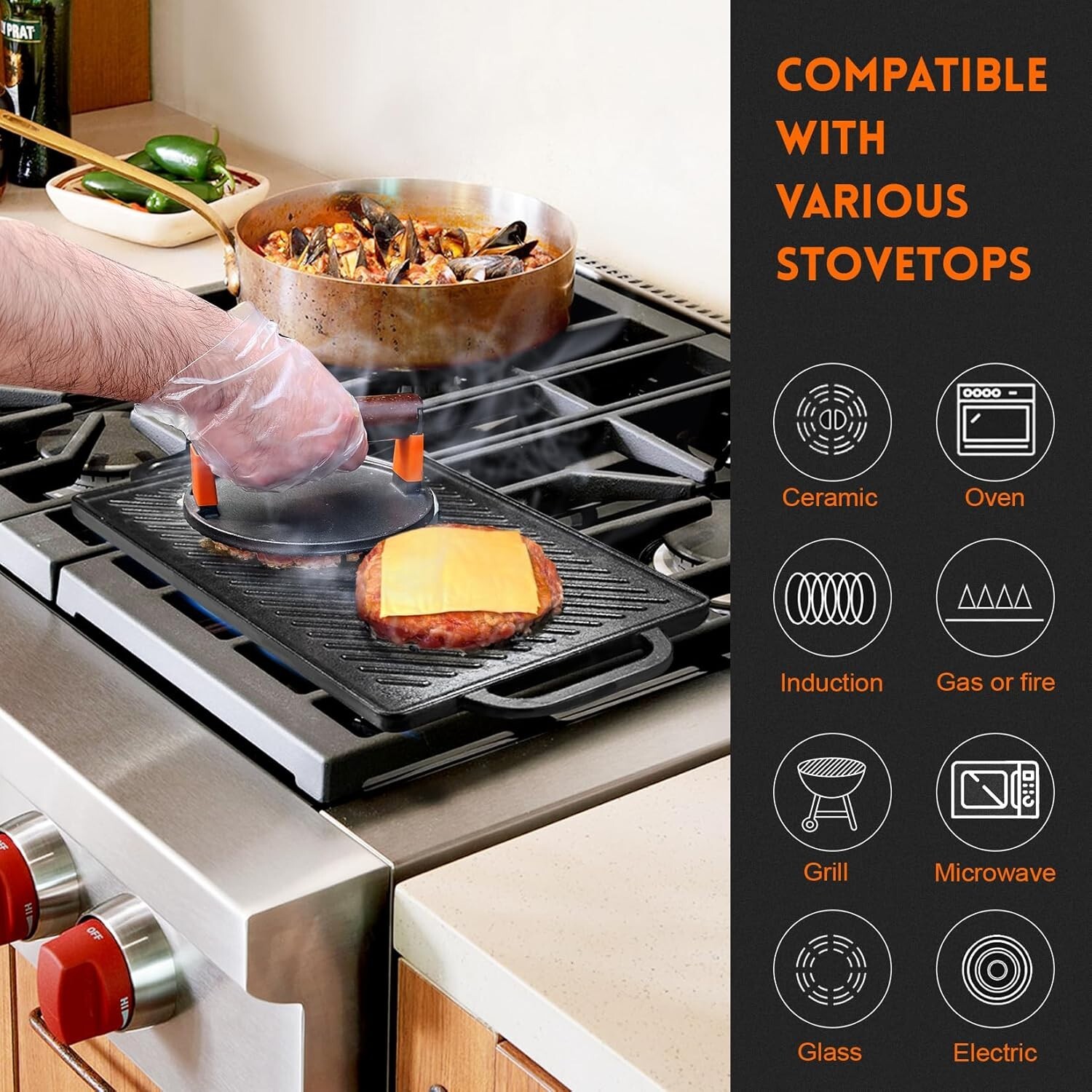 Cast Iron Reversible Grill Griddle, Double Sided for Gas Grills and Stove Tops