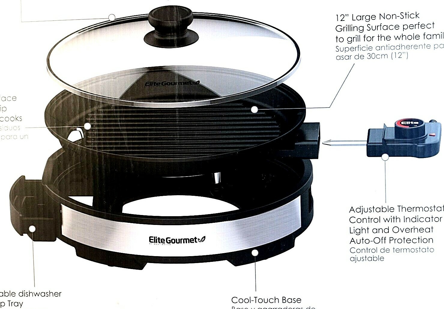 ELITE GOURMET 12″ DELUXE INDOOR GRILL w TEMPERED GLASS LID STAINLESS STEEL NEW