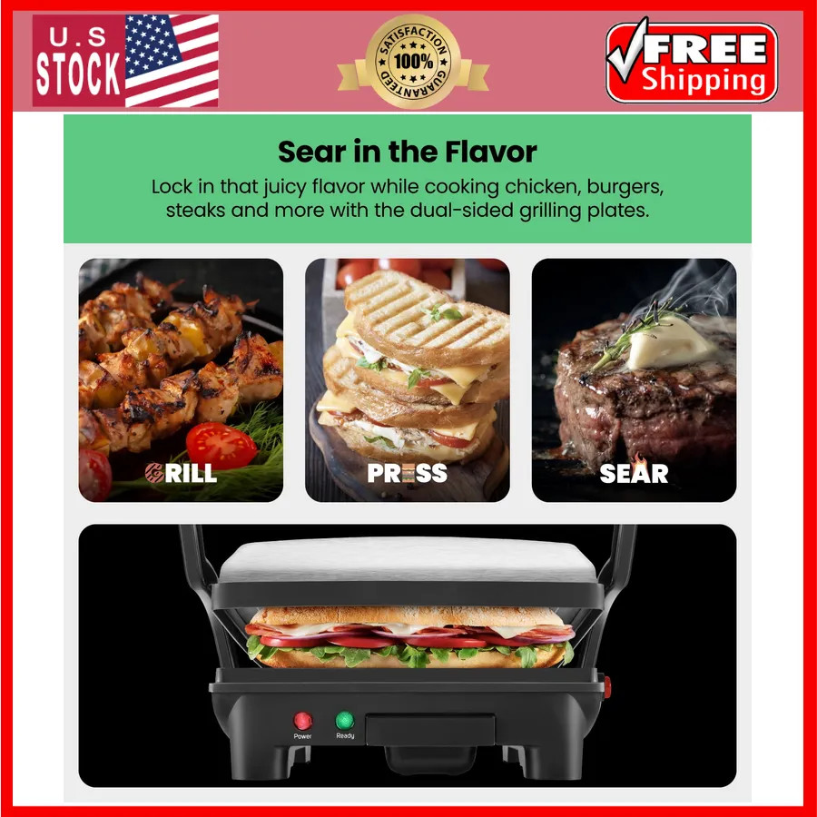Chefman 3-in-1 Panini Press and Indoor Grill 4-Slice Non-Stick Stainless Steel