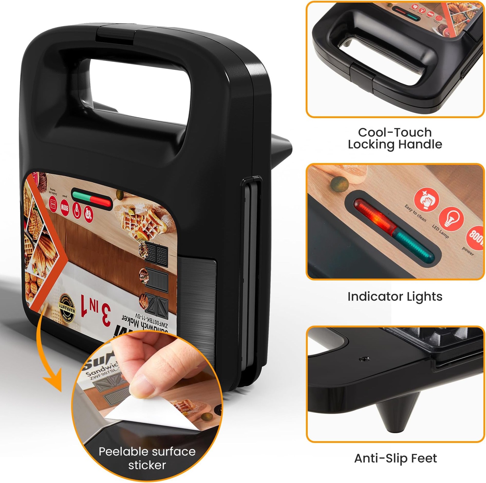 3 in 1 Electric Sandwich Maker with Removable Nonstick Plates – 800W,Black | …