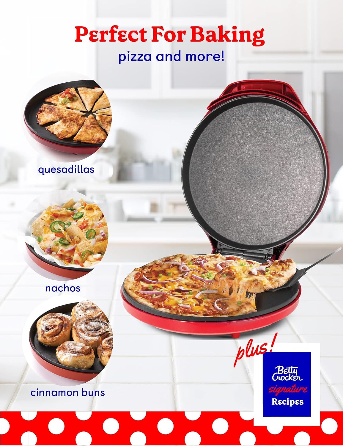 Pizza Maker Plus 12″ Indoor Grill 1440W BC-2958CR Red Nonstick Griddle Pan