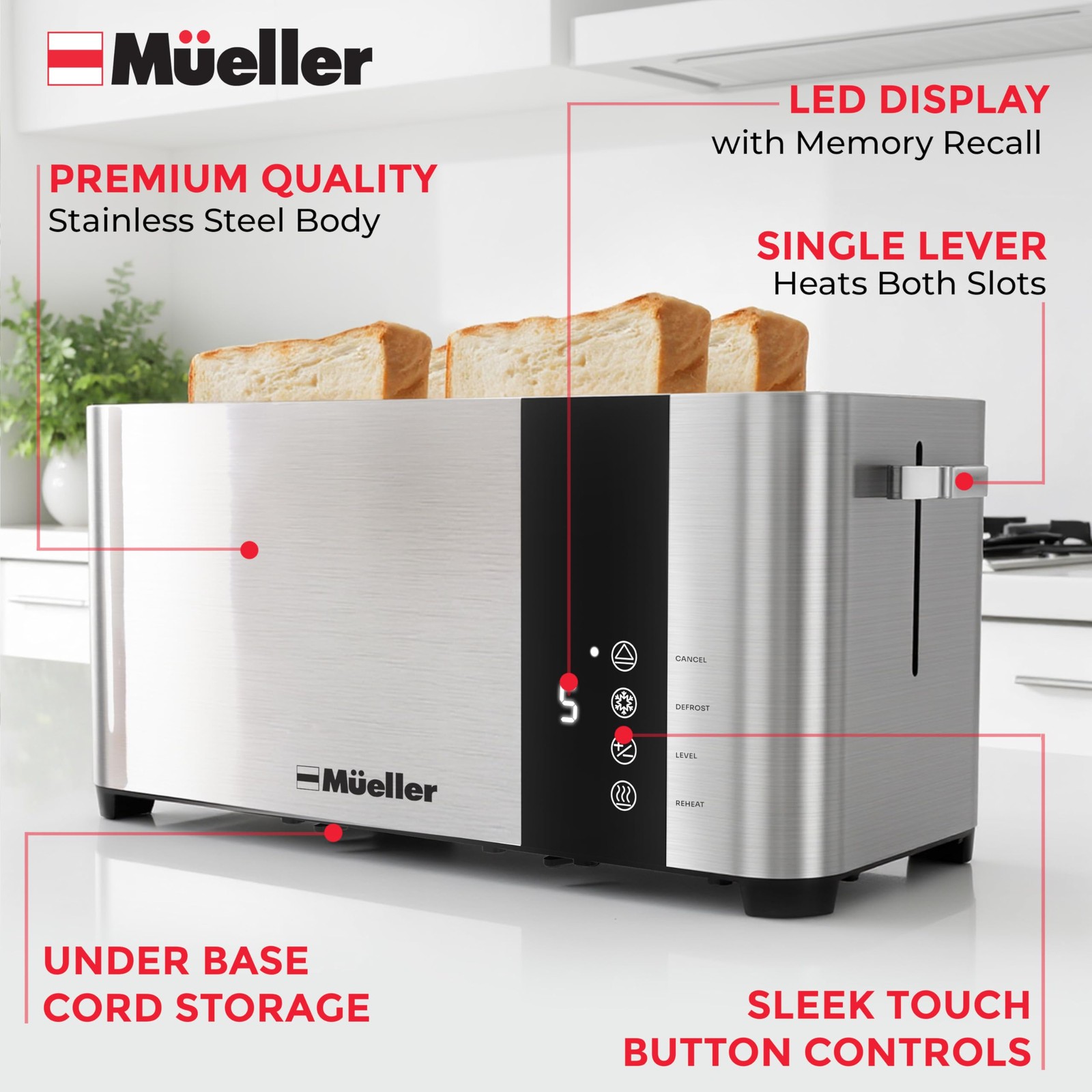 Mueller UltraToast Stainless Steel Toaster 4 Slice – 4 Slice, Silver