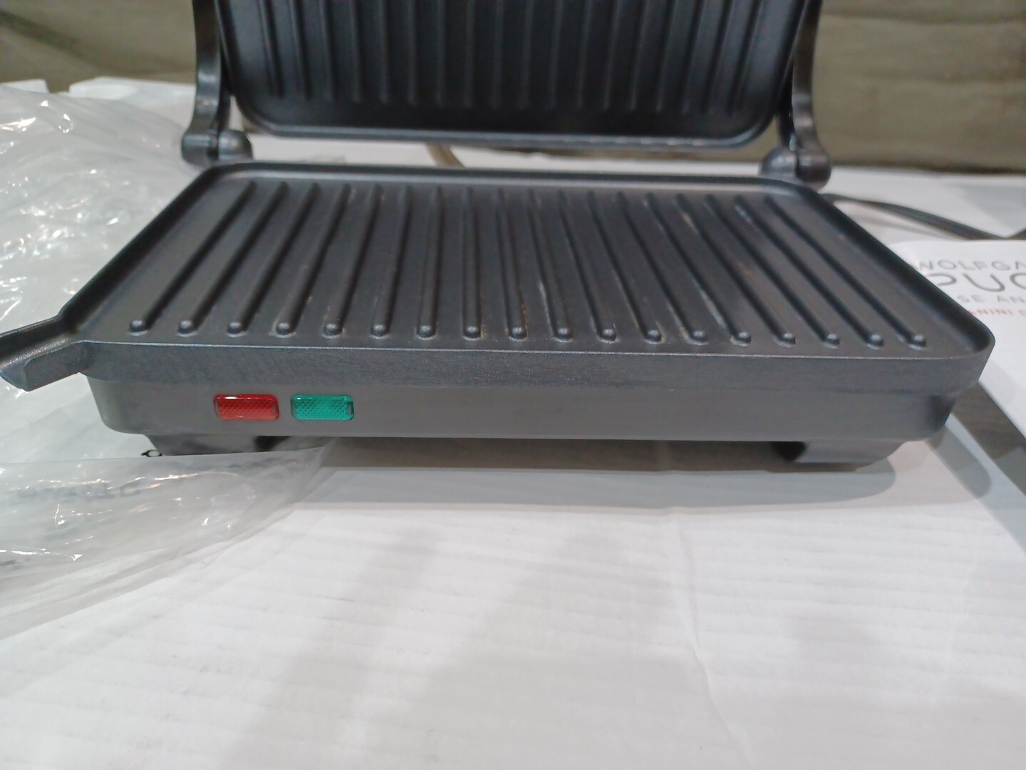 WOLFGANG PUCK Panini Duet Sandwich Maker Non-Stick Stainless Steel Open Box
