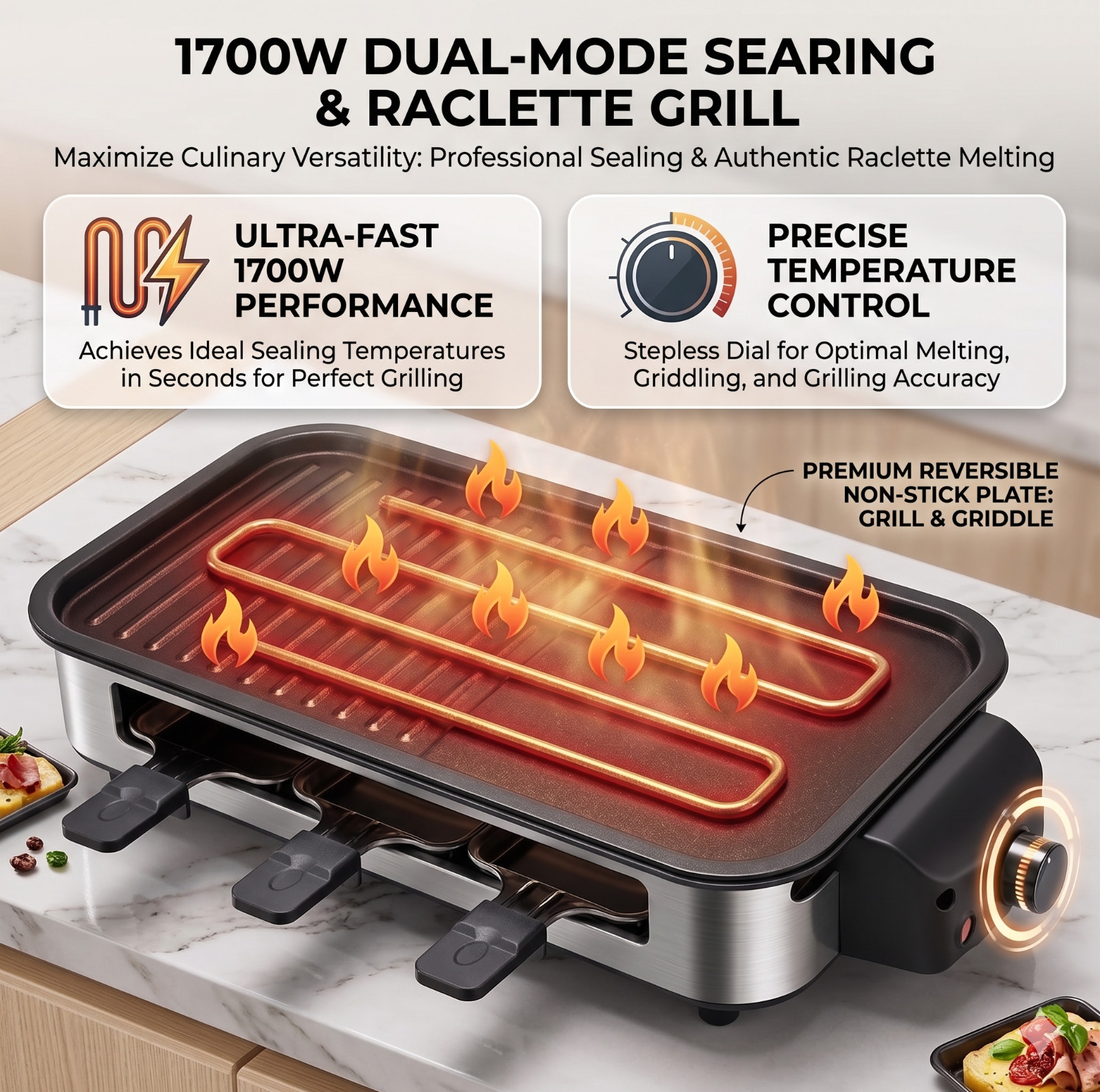 Pukomc 2 In 1 Electric Smokeless Indoor Grill 1700W Raclette BBQ Tabletop