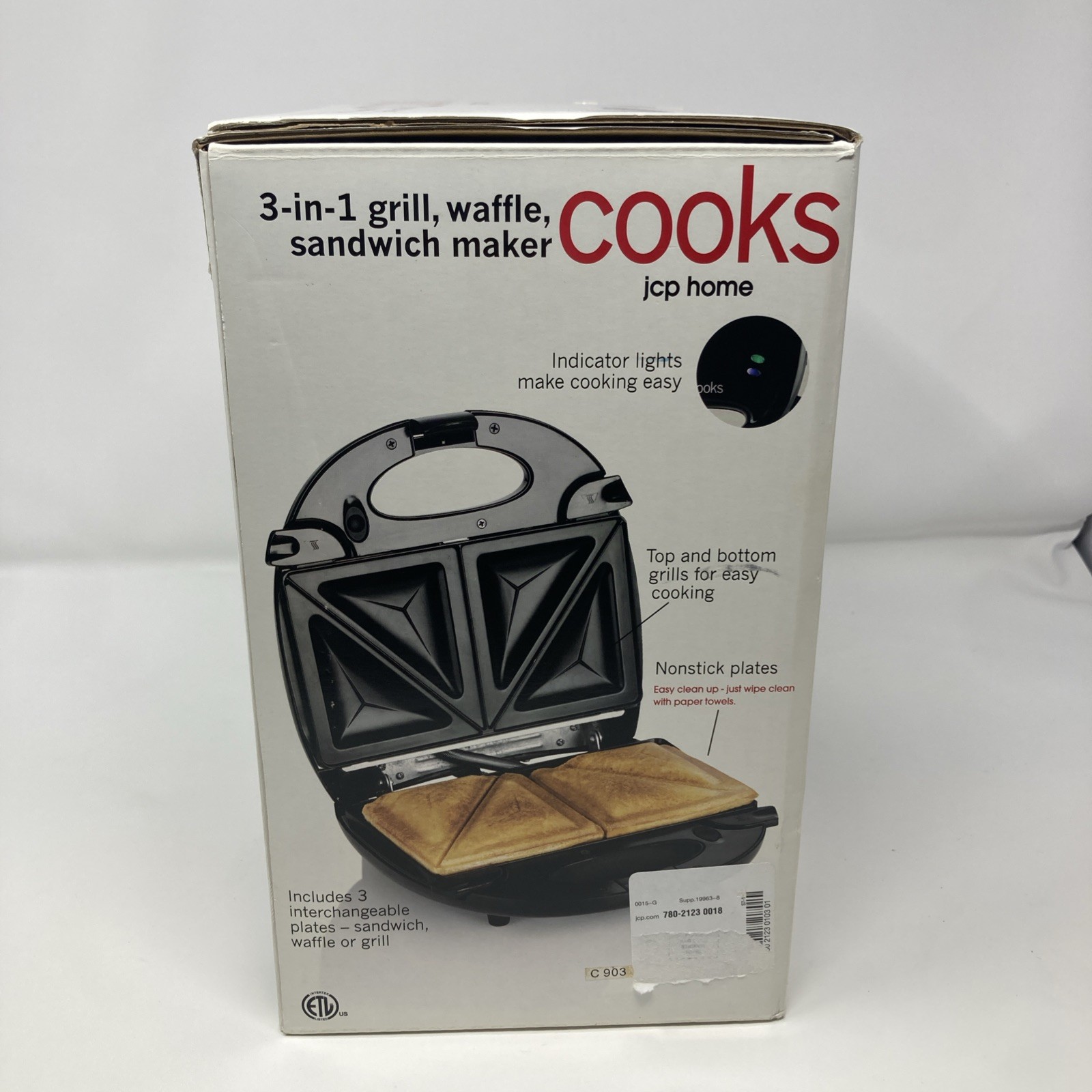 Cooks 3 in 1 Grill, Waffle, Sandwich Maker, Open box