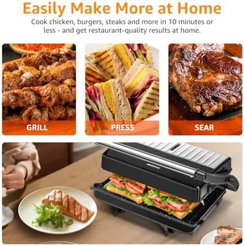 Aigostar 1000W Panini Press Grill with Ceramic Non-stick Plates, Sliver | Ope…