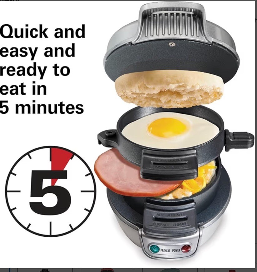 Hamilton Beach Breakfast Sandwich Maker with Egg Cooker Ring Black 600 Watt