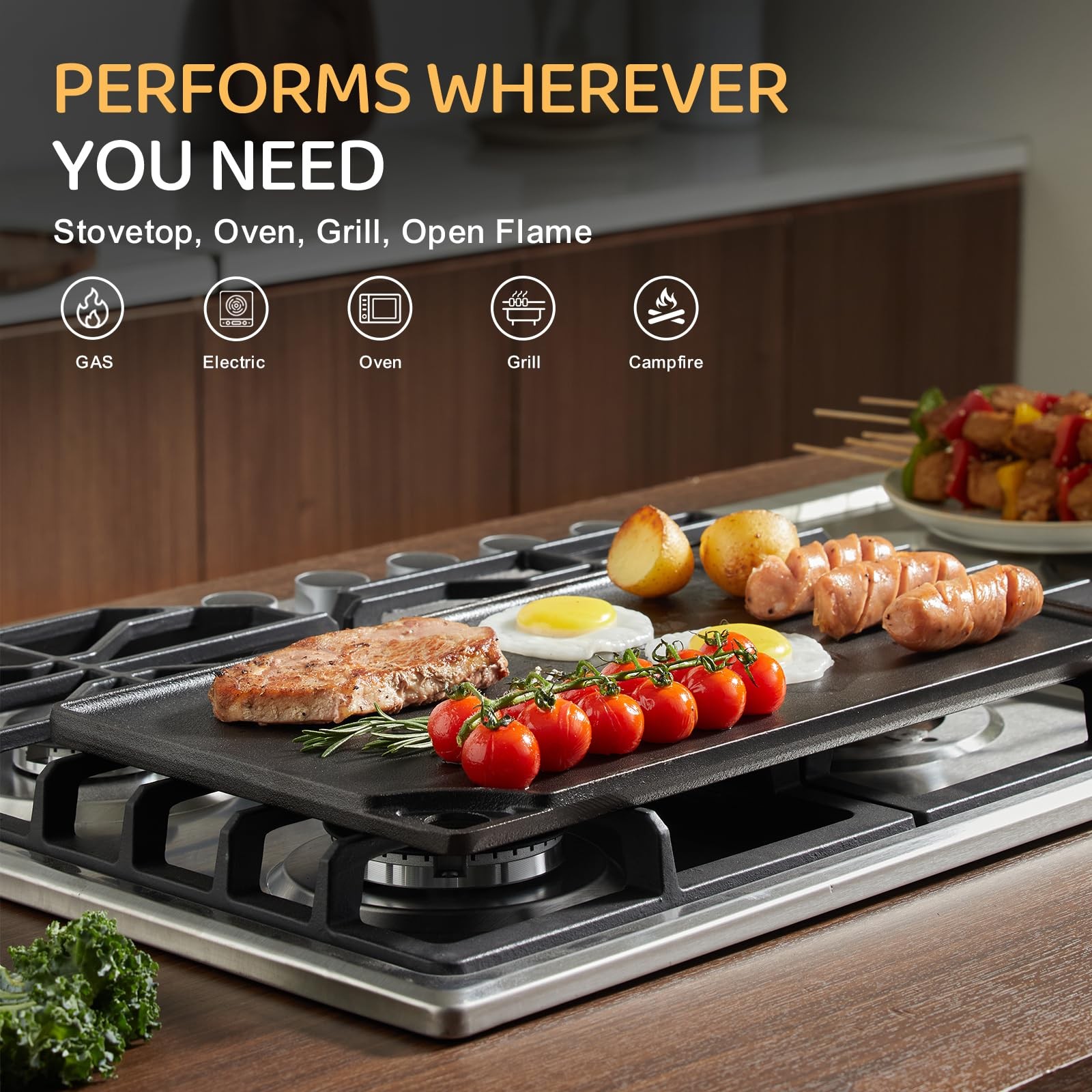 16.7×9.5 Inch Reversible Grill Griddle PreSeasoned Cast Iron Pan Cookware