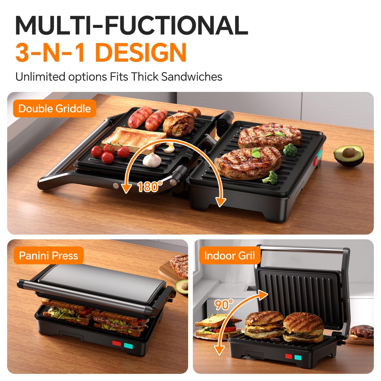 Panini Press Grill, 1000W Sandwich Maker with Non-Stick Coated Plates, Opens …