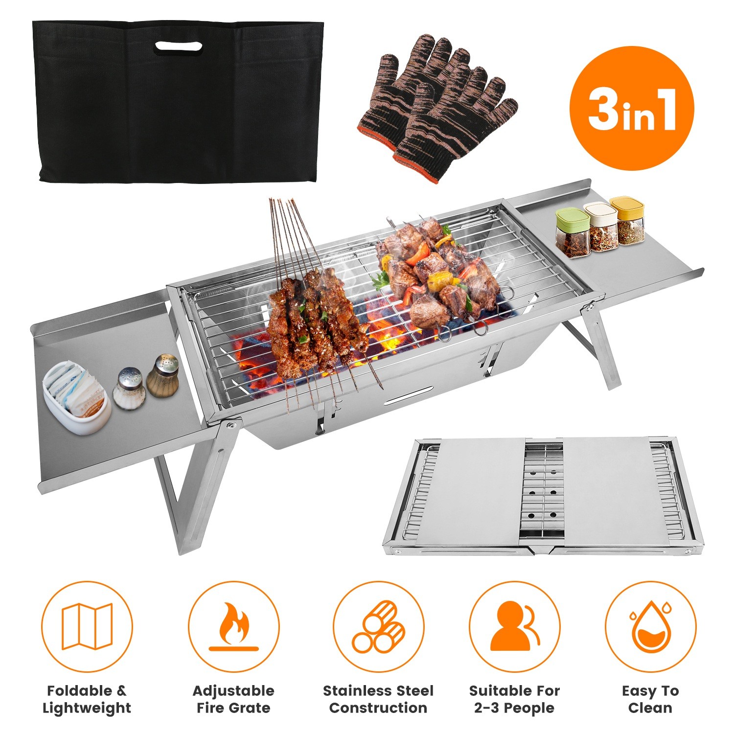 Folding BBQ Outdoor Camping Grill Portable Charcoal Grill Adjustable Fire Grate