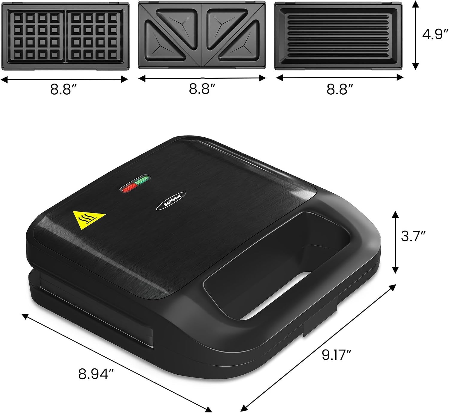 Removable Plates Electric Waffle & Sandwich Maker – Safe & Easy to Clean, Black