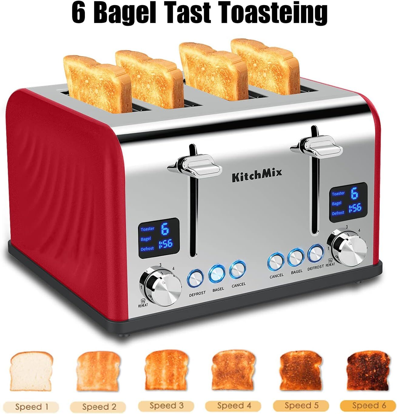Toaster 4 Slice, KitchMix Bagel Stainless with LCD Timer, Extra Red