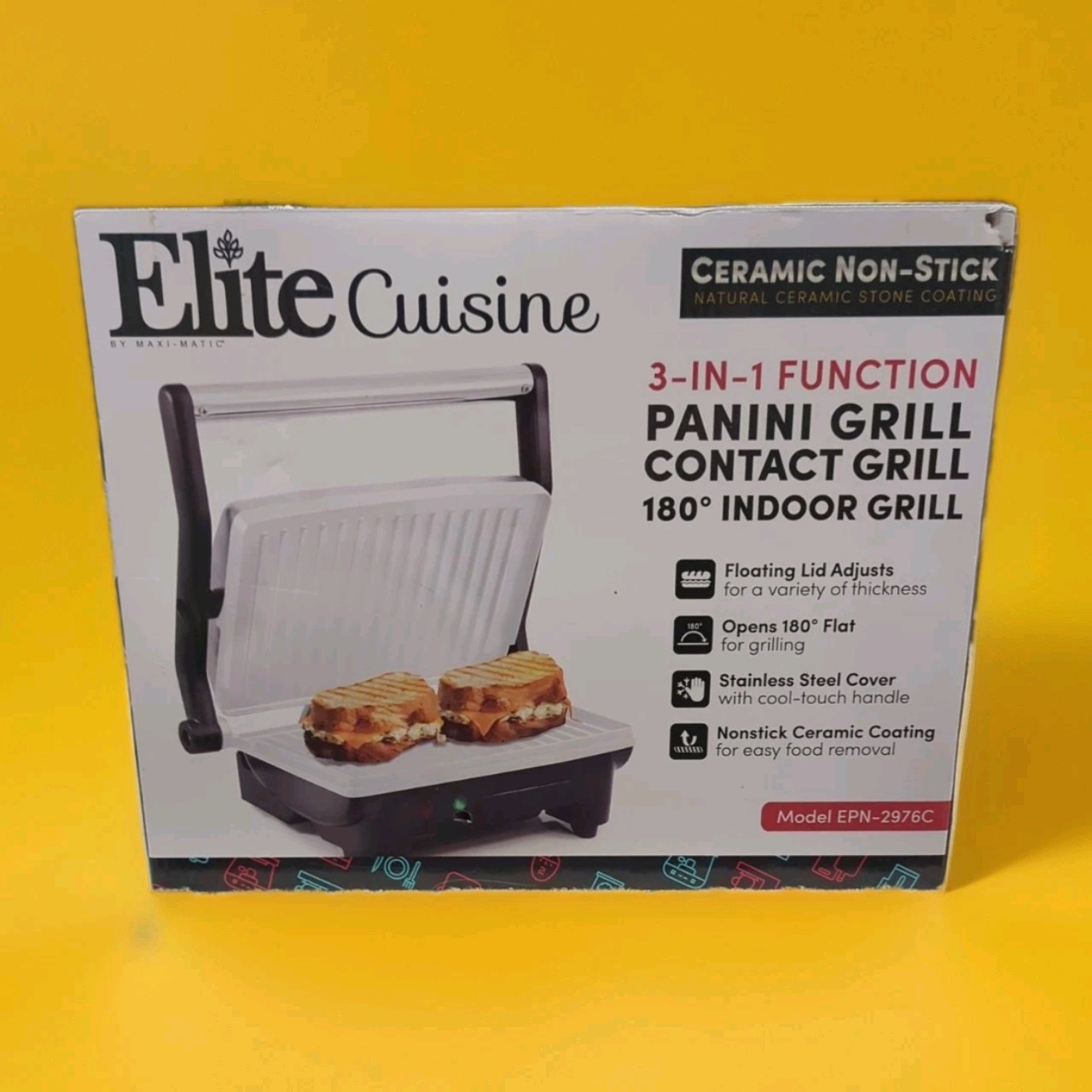 Elite Cuisine Non-Stick Electric Indoor Flat Grill And Panini Press New Open Box