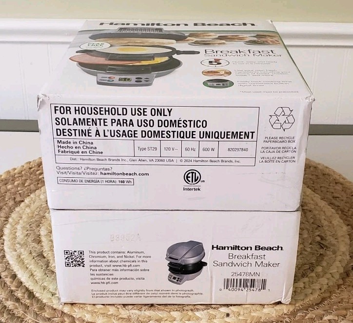 Hamilton Beach Breakfast Sandwich Maker Timer Nonstick Dishwasher Safe 25478