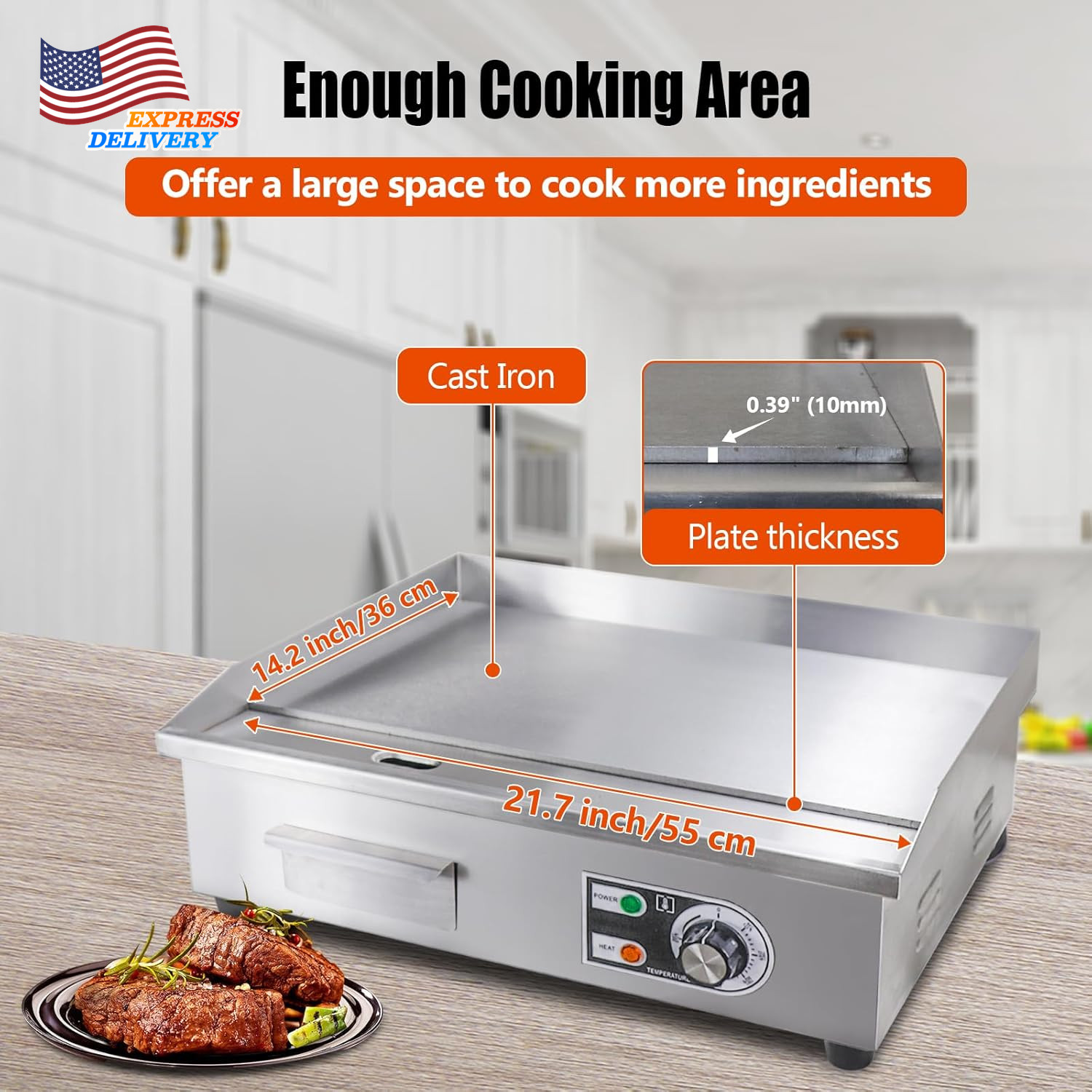 22″ Commercial Electric Griddle,Electric Countertop Flat Top Griddle,110V 1600W